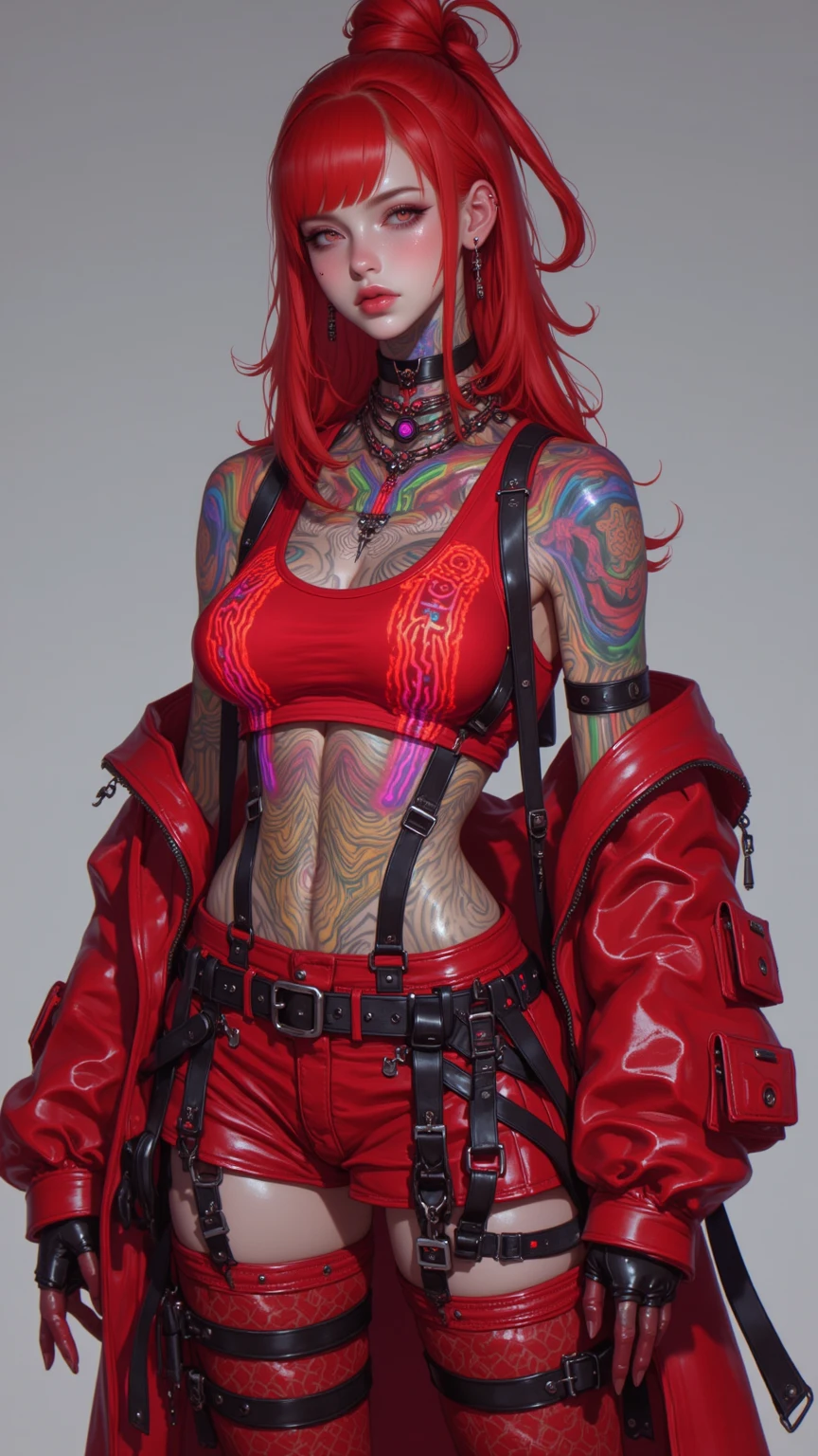 alta resolução, obra-prima, melhor qualidade, 1girl, red sclera,red pupils, cyborgunder, green hair, colored skin, demonictech, sitting, many tattoos, roupa futurista, skirt, detalhes neon, estilo cyberpunk neon, ao fundo cidade cyberpunk a noite, pele finamente detalhada, seios enormes, pernas muito musculosas