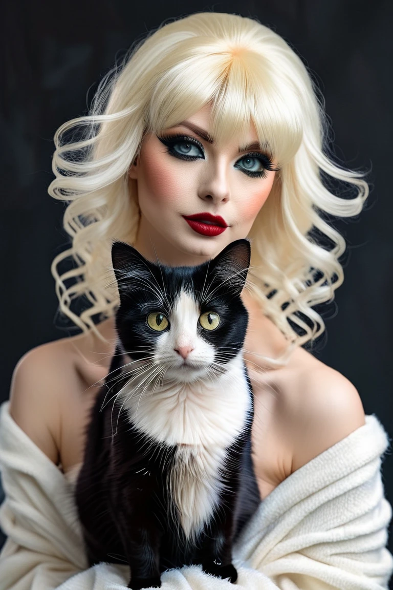black cat in blonde wig, realistic photography