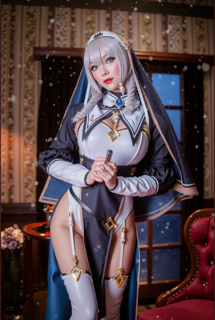 traditional asian goddess girl, white hair, with a violet and mauve futuristic and technological armor, Long coat, beautiful Hoodie, Gloves, Boots, is kneeling on the ground with a sword in her hand, snow background, detailed, realistic, 4k, cinematic.