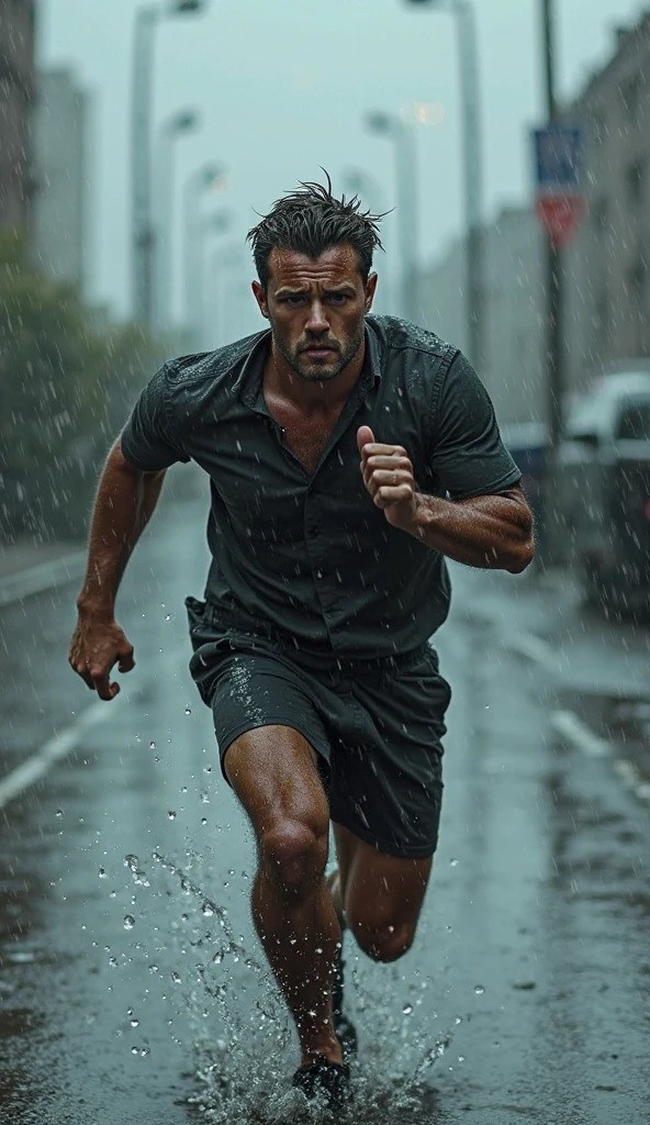 Juan running in the rain