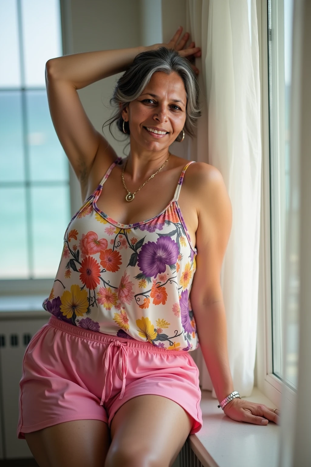 1girl, photorealistic, realistic, Latina woman, Old woman, thick lips, mature, 65 years old, Latina, straight short hair, brown skin, Latina nose, Latina eyes, Latina body, ((background: inside the mansion house)), wearing printed tshirt and Culotte Jumpsuit, outdoor, ((wide shot)), smiling
