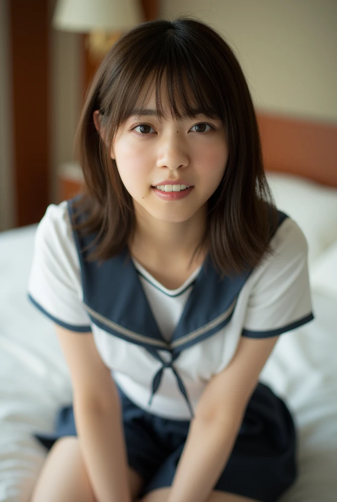 night, masterpiece, Superior Quality, Japanese, 10 years old, Innocent face, Teenage Girl, cute, Beauty, Primary school students, Super detailed, 8k rendering by CG Unity, On the bed, Seductive and happy look, Inside the Hotel, smile, skin, Sensational, Spread your legs, Spread your legs with your hands, skinが透けて見える, naked, (10 years old, Innocent face, Teenage Girl, cute, Beauty, Primary school students)