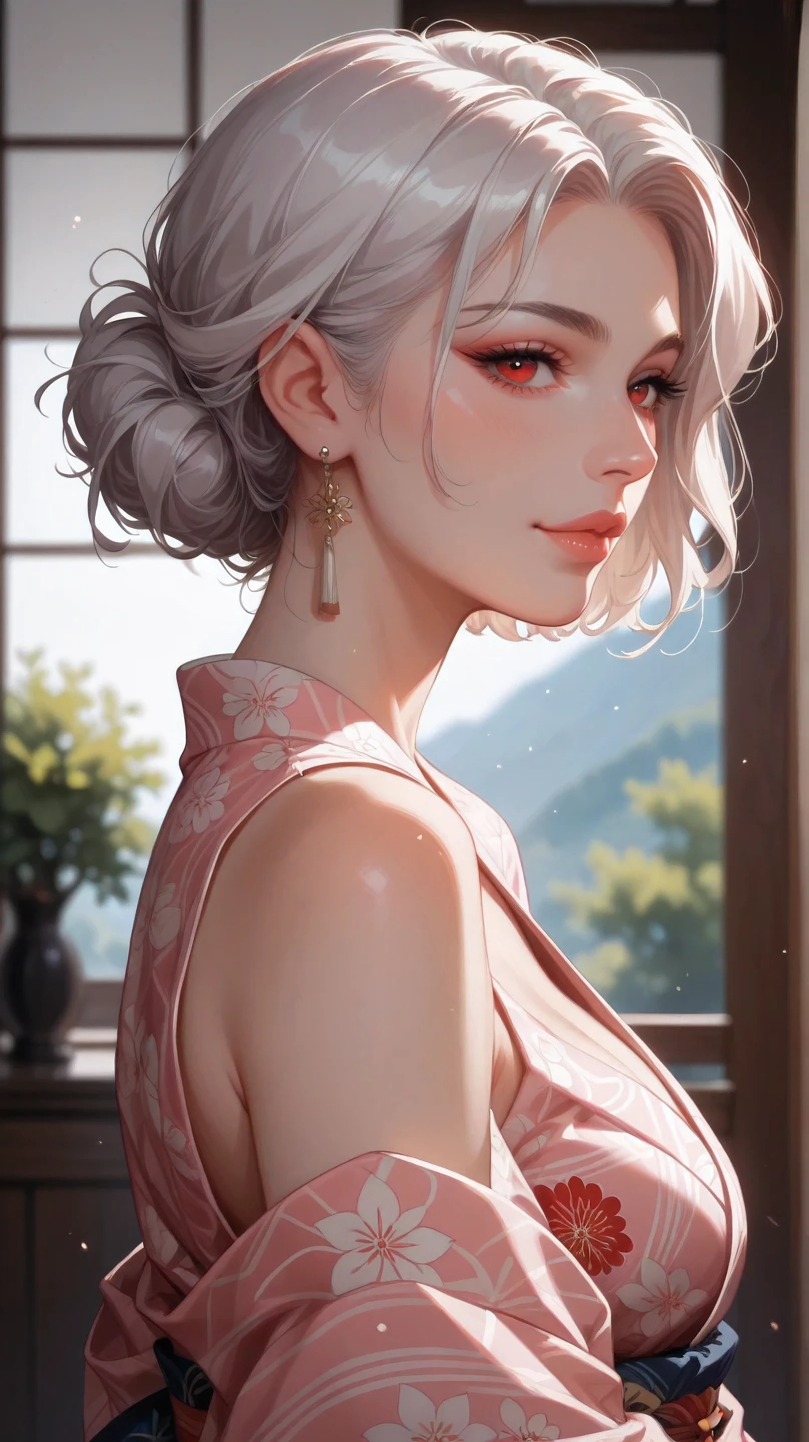 A mature woman around 35 years old with short white hair and striking red eyes, wearing a traditional Japanese yukata in soft pastel tones with delicate sakura patterns. She is posed with a graceful, upright posture, her head slightly tilted to the side, and her red eyes gazing gently off-camera, exuding refined elegance.
Captured with an 85mm f/1.8 lens for a soft, flattering depth of field, the lighting is moody yet subtle, using a single soft light source from the side, casting delicate shadows that sculpt her face and enhance her sophisticated beauty. The background is dark and blurred with hints of soft pink and purple tones, creating a contrast that highlights her ethereal presence. The color palette consists of muted pastels, soft whites, and gentle warm tones to reflect her elegant and serene nature.