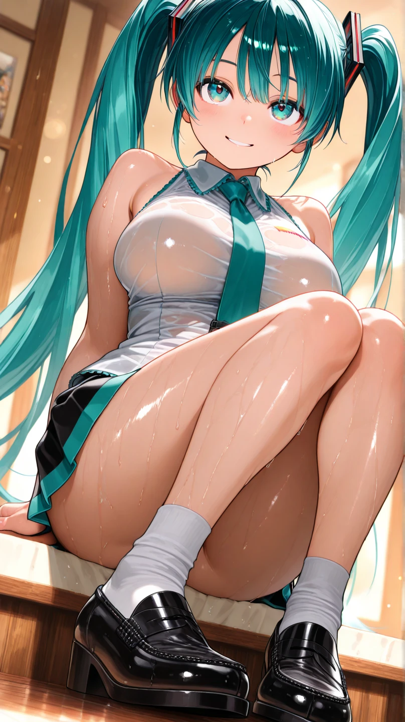 

Hatsune Miku, big breasts, NSFW, no panties, lifting skirt, school, from below, open shirt, drenched in cum, lusty gaze, 