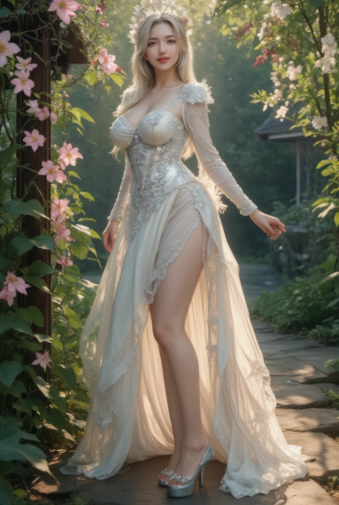 (best quality,4k,highres),realistic,photorealistic:1.37,mature milf, illyasviel von einzbern, white hair, full body,beautiful detailed eyes,beautiful detailed lips,long eyelashes,white iris,mature and elegant look,long flowing white hair,slight curls,white dress,subtle floral patterns,airy fabric texture,soft and natural lighting,faint sunlight streaming through trees,dappled shadows on the ground,lush green garden with colorful flowers in bloom,peaceful and serene atmosphere.