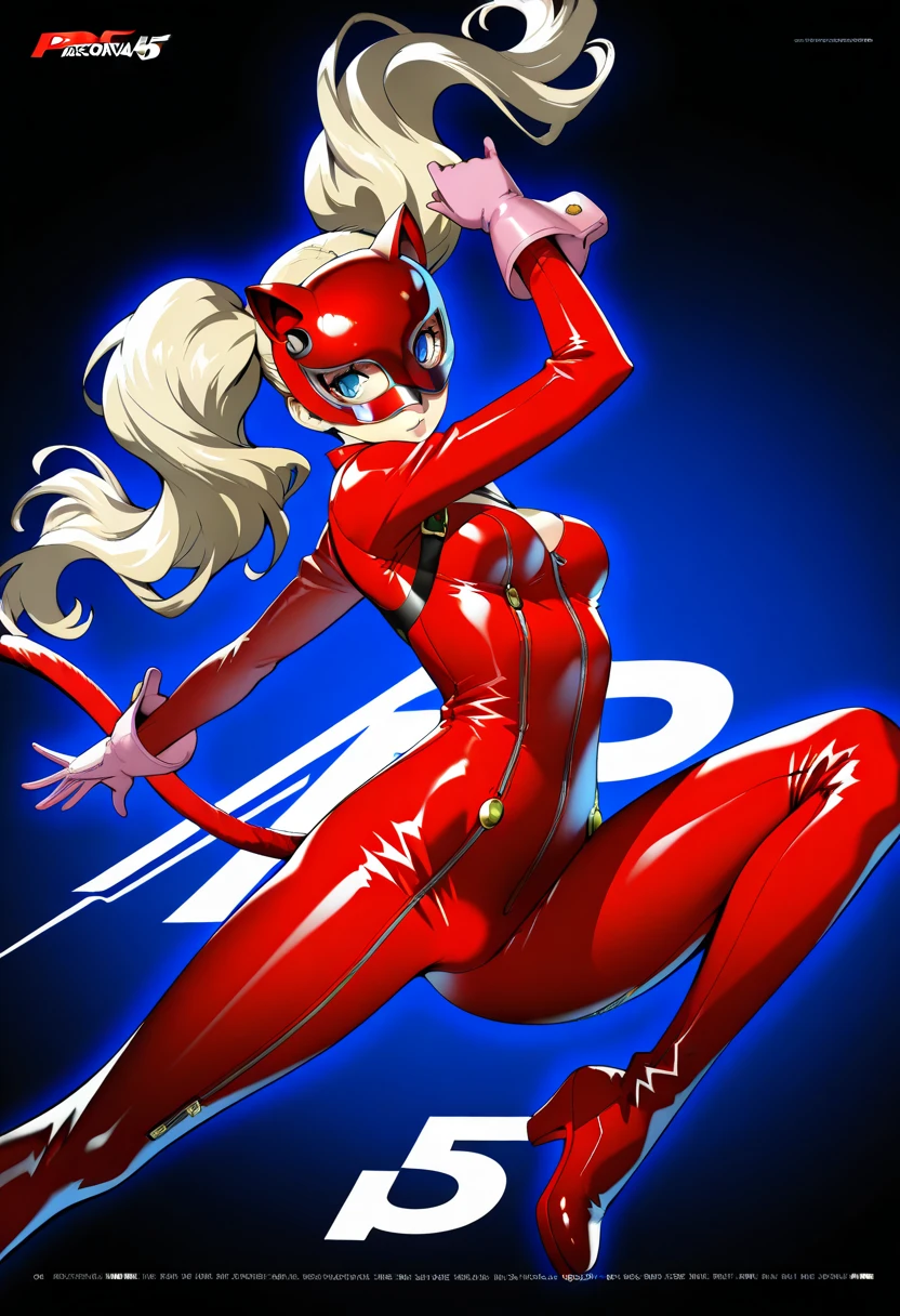 takamaki anne, 1girl, solo, breasts, gloves, twintails, pink gloves, thigh boots, blue eyes, tail, cleavage, long hair, thighhighs, blonde hair, white background, red bodysuit, boots, simple background, fake tail, bodysuit, looking at viewer, medium breasts, hair ornament, smile, hairclip, floating hair, swept bangs, cat tail, bangs, earrings, zipper