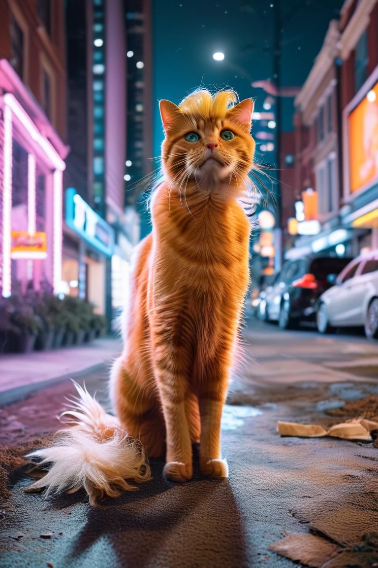 realistic photography of orange cat standing alone in blonde wig