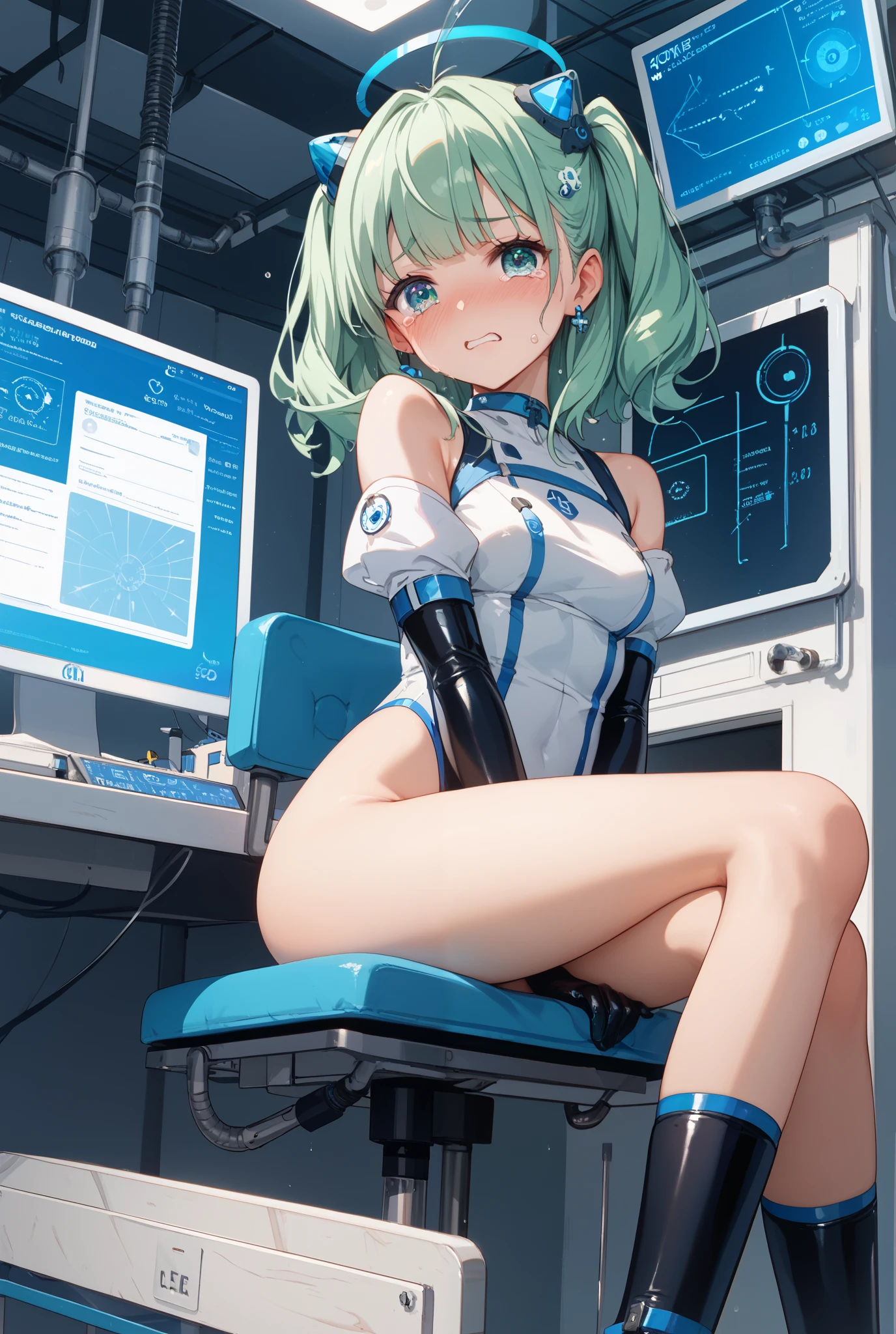 score_9, score_8_up, score_7_up, masterpiece, absurdres, source_anime, cyberpunk world, netrunner girl, in a cyberpunk garage with neon, lots of screens around her, ultra detailled background, 1girl, blue hair, long hair, blushing, (sitting on a futuristic chair:1.4), (futuristic eye-covering helmet:1.6), (sleeping:1.4), (futuristic skin-tight suit:1.2), (lots of electrical cables plugged into her head:1.6)