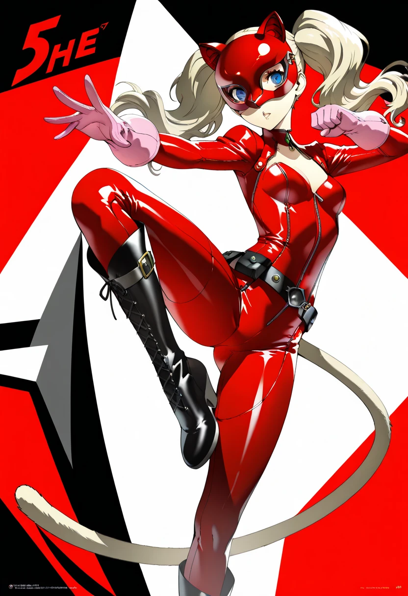 ((Master quality, 8K, masterpiece:1.3, ultra-detailed, high resolution, RAW Photos, detailed Realistic background, cinematic lighting)), Actual, Realistic, photo, HDR, BREAK, detailed eyes, perfect anatomy, perfect hands, perfect legs, BREAK, One person alone, dsann(persona 5), beautiful face, (open stance, posing sexy), blonde twin pigtails hair, ( Round and Stacked Breasts ), Cleavage, Slim waist, smile:1.5, Sweat-soaked skin, BREAK, wearing( dspanther, red latex bodysuit and Butt Cat tail , Cat Ears Domino Mask, Leather gloves ), , Graffiti art, BREAK, ( Random Angle, full-body, ), dynamic angle, , background(cinematic lighting, depth of field, cyberpunk atmosphere, light particles, casino, Rooftop)