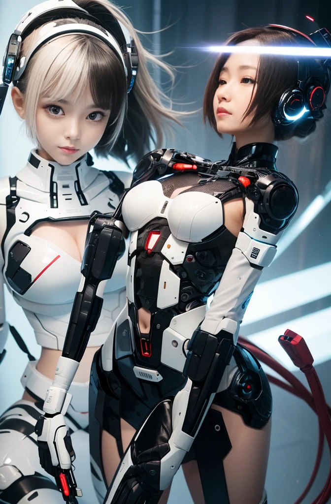 Beautiful Face,Face is Japanese,((1 female)), big, Curvaceous, (16k, RAW Photos, highest quality, masterpiece: 1.2), (HDR, Realistic, Realistic: 1.37),((((Lace Bikini Cyborg Robot Parts)))), (Light grey hair), Long Hair, Wavy Hair, Twin tails, Medium Shot, (Captivating smile)), (Iris), double eyelid, In the lab,((Mechanical vertebrae attached to the back)),((Mechanical neck attached to the neck)),(Wires and cables attached to the head and body),(Character Focus),SF,The perfect woman,完璧なanatomy, anatomy, Up to 4 fingers and 1 thumb, (Cowboy Shot),squat,Spread your legs,