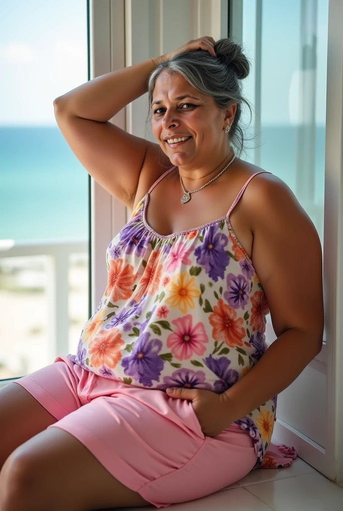 1girl, photorealistic, realistic, Latina woman, Old woman, thick lips, mature, 65 years old, Latina, straight short hair, brown skin, Latina nose, Latina eyes, Latina body, ((background: inside the mansion house)), wearing printed tshirt and Culotte Jumpsuit, outdoor, ((wide shot)), smiling