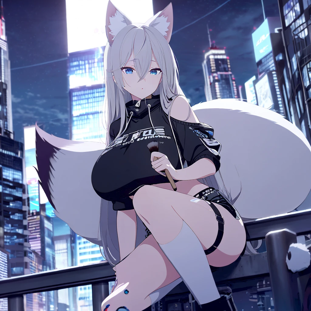 Masterpiece, high quality, high detailed, ((female cat, Kemono, white hair, white skin color, purple eyes, long hair, wear black cropped high cut hoodie, wear short black skirt, wear black g-string panties with neon line, wear red collar on neck, wear back tight stockings)), look at viewers, low level fov, no smile, little shocked reaction, free hand, pose, fluffy tail, (beach background, daytime, cyberpunk, cyberpunk style, cyberpunk vibes, cyberpunk city, no one else in beach background)
