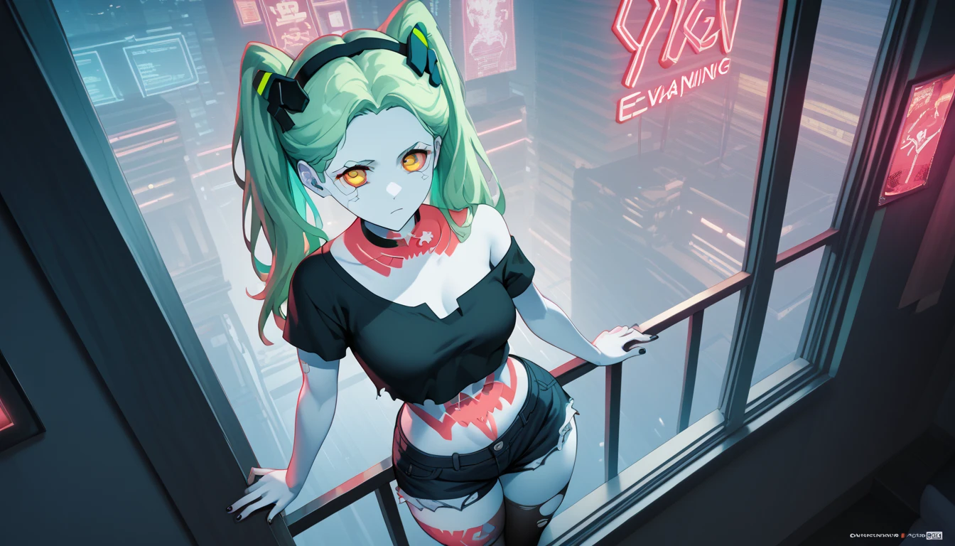 ((1girl)),((alone)),rebecca \(cyberpunk\),(masterpiece), (best quality), (ultra detailed), (best illustration), (best shadow), (absurdities), sharp focus , cowboy shot, atmospheric perspective, depth of field, dynamic posture, ((looking at viewer)), small breasts, narrow waist, wide hips, medium thighs, round butt, erotic, romantic, (highly detailed eyes, lips 1.1) , very detailed eyes, eyes, Very detailed face, Very beautiful face, Symmetrical face, Aesthetic face, perfect face, perfect eyes, detailed eyelashes: 1.5), full height, beautiful slim figure, femininity, expressive appearance, elastic small breasts, sexuality ,parted lips,twin tail, headband, mechanical eye, colored sclera, red sclera, colored skin, white skin, tattoo on leg, tattoo on neck, aqua green hair, long hair, underwear, black bra, fangs, pupils red, yellow iris, fur fangs, red eyes, black jacket, open jacket, long sleeves, bare legs, curves, defined body, perfect and beautiful body, perfect and beautiful, closed mouth, mocking smile, mocking grimace, (sexy pose : 1.2), ((solo)), standing: 1.3,((outdoor, cybeppunk landscape, cityscape, cybeppunk city, neon lights, night, city lights)), Looking forward,((centered on breasts )), point of view: (from middle), perfect anatomy, perfect hands
