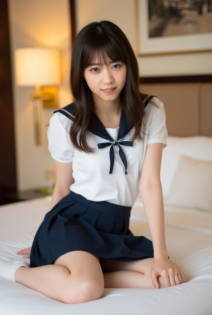 Cute school girl　Sitting　smile　photograph　whole body　bed　Highest quality