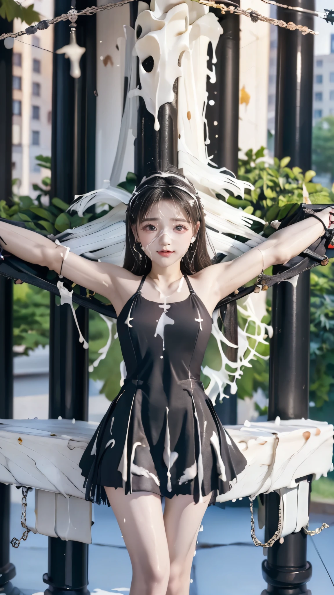 (( Woman in cross at the cross:1.2, ripped black dress:1.2, Public crucifixion))，((The hopeless expression of a -facel)), Beautiful breasts, masterpiece, (slender body line), top quality, 超high resolution, (reality: 1.3)、(high resolution)、(Restrained arms and hands:1.3), Ultra-fine、8k、((Chained arms))、(( full body image)),tights、(Daytime in the city), (detailed eyes and face:1.2, professional photography techniques), (((are humiliated by the people、large amount of semen adhering to body)))