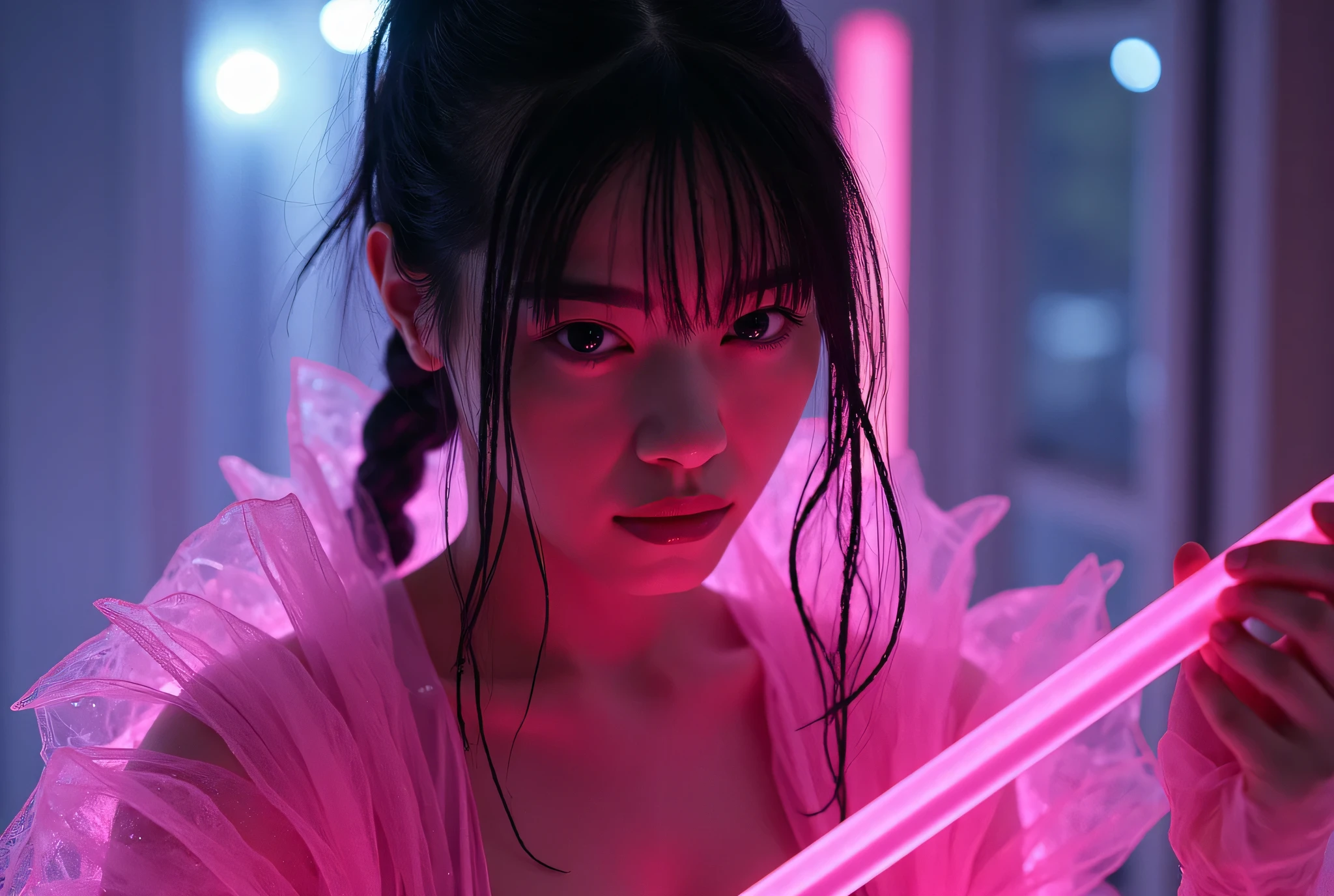 (((The pitch-dark interior of the Nostromo ship:2.0))),((( HR Gigger style cyberpunk atmosphere :2.0))),(((Fight with a cyberpunk-style Japanese sword:2.0))), combat posture,((full body:2.0)),One Woman,Female Samurai ,(Cute Face:1.5),(Beautiful well-balanced face ),((Long braids with bangs:2.0)),( black hair:1.5),(beautiful eyes:1.3),( Blue Glowing Eyes :1.5),a glamorous shot of a 20-year-old Japanese woman, Slender Beautiful Body ,((model body type:2.0)),(( slim body with hot water:1.7)),perfect body line,ideal proportions,((bigger breasts in bikinis:2.0)),((F cup chest wearing:1.5)),Big Breasts,Bare thighs,sensual thighs seen from below the crowd,delicate body,( Muscular:1.7),A harmonious posture,((Realistic breast depiction :1.7)),carefully depicting limbs based on perfect anatomy,((translucent glass leotard that shines pink in the style of a near-future samurai armor:1.5)),Filled with multicolored LEDs,((super high-leg leotard made of camy-like clear glass that fits the body:1.5)),(((a samurai armor-like pink translucent military coat with an open front over the leotard:2.0))),(((translucent pink military coat style kimono with steel armour on the armor:2.0))),(Steel armour on the shoulders :1.5),((Coat style kimono with iron decoration:2.0)),(ear monitor:1.5),((Tactical Holster:1.5)),(gloves:1.3),Concept Art,(top quality:1.5),(masterpiece:1.5),(Ultra-high resolution),resolution,UHD,(Delicate Description), carefully drawn with butterfly wings ,32K,((realistic skin texture:1.5)),((( super realistic :1.5))),carefully draw eyelashes,Highly Detailed Faces,Highly detailed female hand, Sexy appearance ,very sensual,(Blurry Dim Backgrounds :1.5),professional photo shoot,(movie light:2.0),((Blade Runner-style lighting:2.0))
