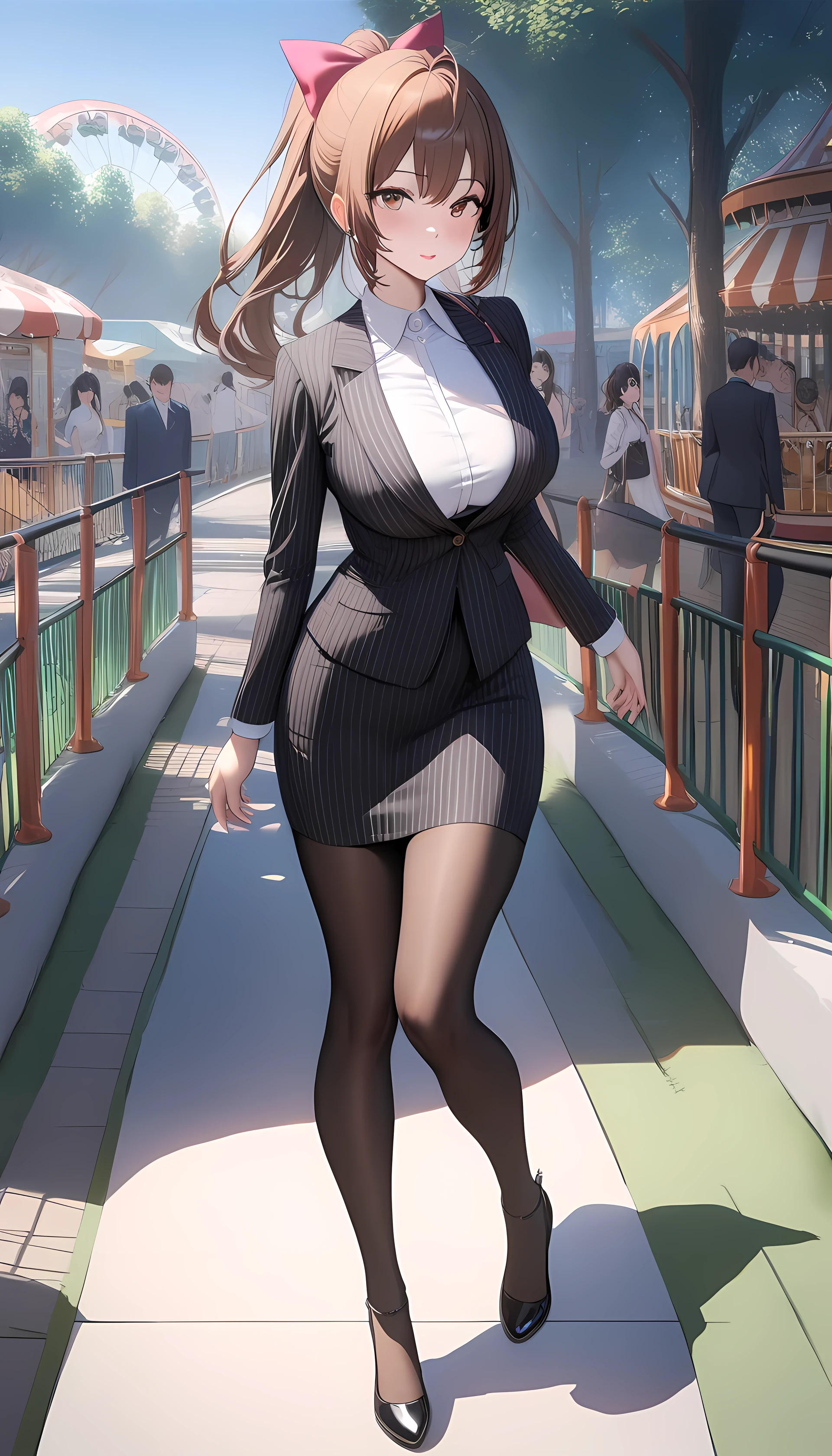 1 girl,SENDO ISUZU , full body, brown eyes, brown hair, long hair, ponytail, antenna hair, bungs, hair intake, hair bow, ribbons, Pinstripe_suit, Pinstripe pencil_Skirt,black_pantyhose, blackいハイヒール, formal,White collar_ shirt,outdoor, Amusement Park,masterpiece,best quality,ray tracing,of a single girl with realistic ,viewers,bigger breasts in bikinis