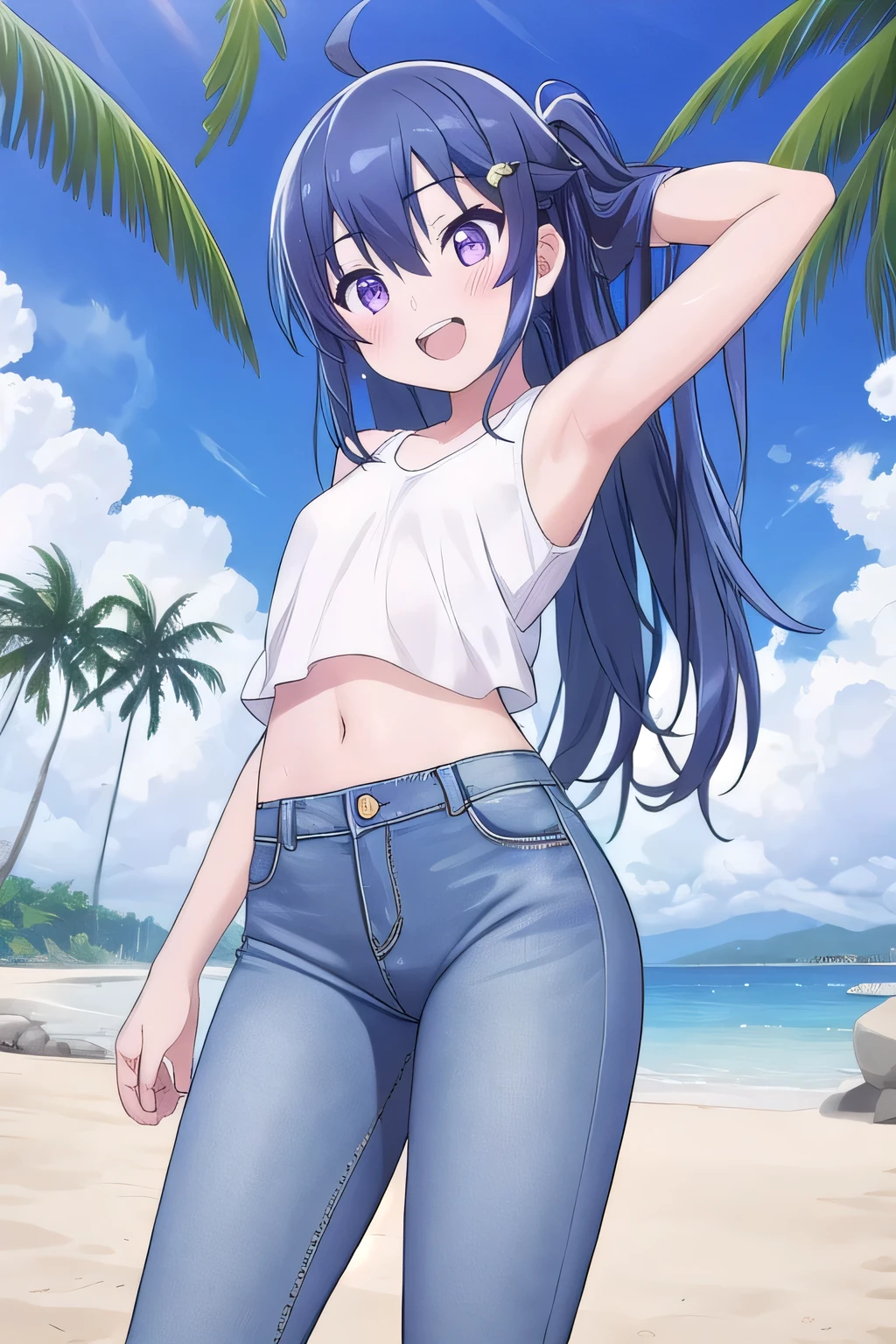 (melhor qualidade, obra de arte), 1 garota, pose de pata, sorriso, Rindo, oceano, corte superior, Shorts, loiro, sardas, corar, olhando para o espectador, Cabelo ondulado, nuvem, espirrando, Ondas, sol, montanha, molhado