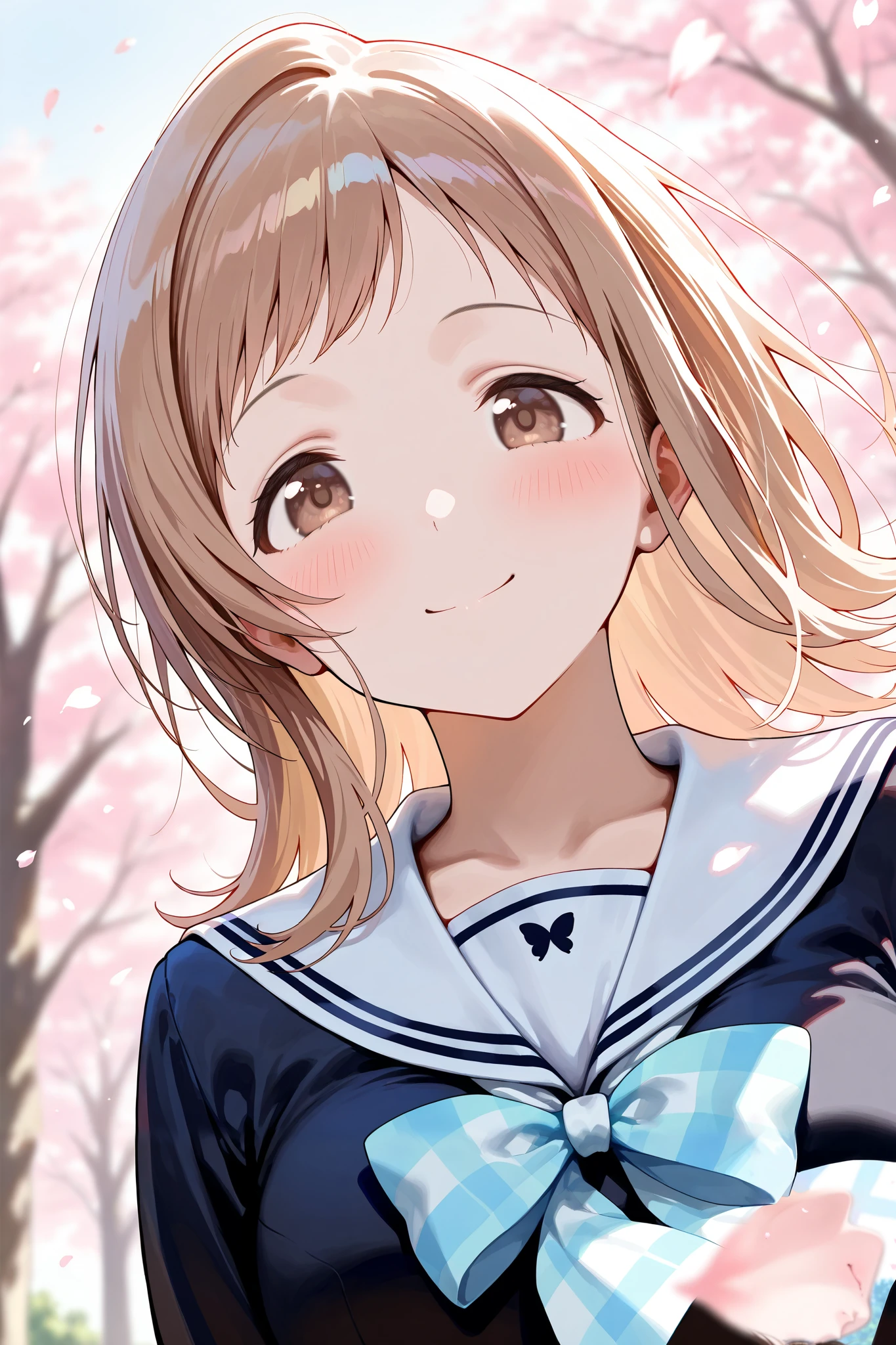(masterpiece), (Highest quality), (Very detailed),
(The best shape), (Best Shadow), (Absurd),
(Detailed Background), (So beautiful), Shiny,
Beautiful eyes in every detail, Extraordinary, Countershading, 8k, 32K, High resolution,
Very Detailed CG ,
Score_9, Score_8_up, Score_7_up, Source_anime,
(Pastel painting:1.2), (Watercolor painting:1.2),
(Masterpiece, Detailed:1.2), (Foreshortening:1.2),
Cinematic, Dramatic, (Depth of field:1.4),
(Blurry background:1.4), (Realistic background:1.4), Dynamic angle, from below,
1 girl, Solo,
Outdoors, Nature, Park, Wind,
Spring, Cherry blossoms,
Sakuragi Mano,
the idolm@ster shiny colors,
mano sakuragi,
(Brown hair:1.1), Medium hair, Brown eyes,
(School uniform:1.3),
(Black sailor suit:1.3), Long sleeves sailor suit, (White collar sailor suit:1.4),
Ribbon, Light blue ribbon, Butterfly ribbon,
(Blush:1.3),
Portrait,
Focus on face, (Close up shot:1.2),
Smile, Happy,
Realistic skin,
Shiny skin,