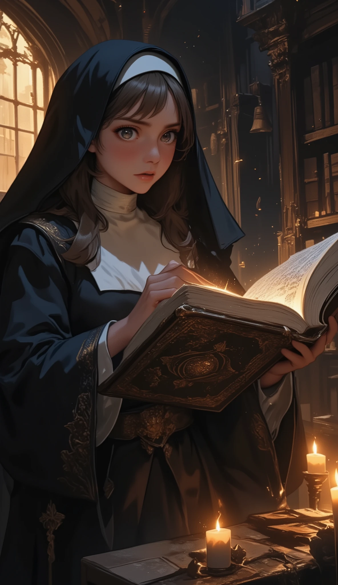 The movie "The Name of the Rose", Sean Connery, a medieval monastery, a sexy busty young nun picking up a large, ornately bound forbidden erotic book in the forbidden library, trembling, a terrified expression, a dimly lit room with candlelight, a secret door,