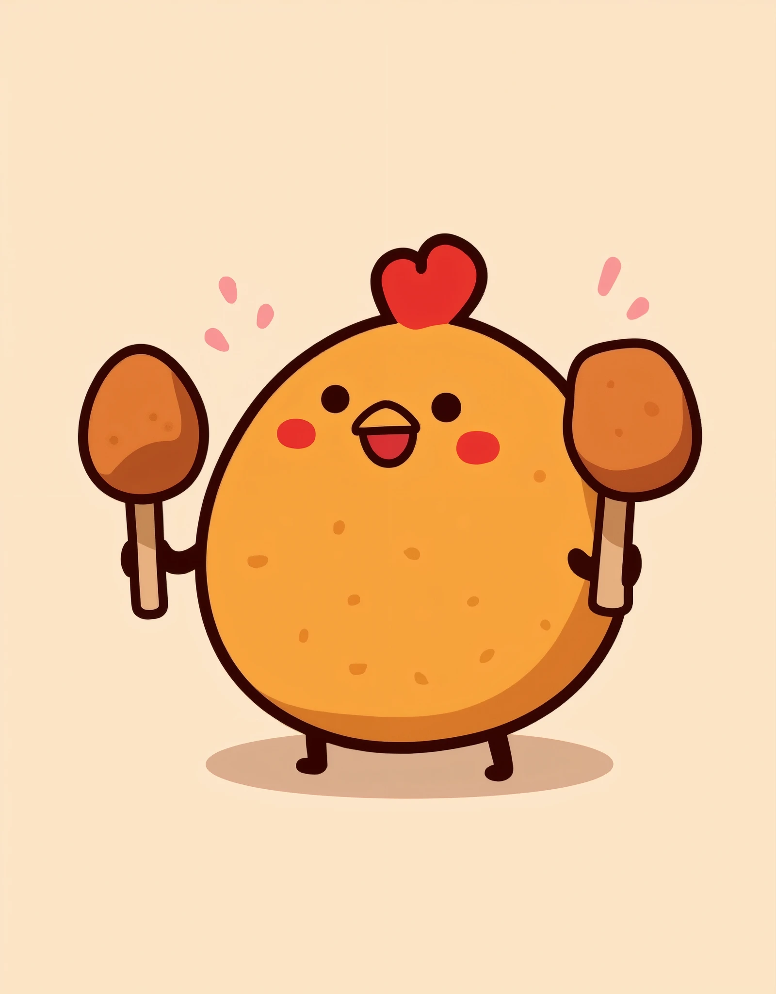 (masterpiece:1.2, exceptional quality ,Mirror-like, cinematic experience , best illustrations, Very Detailed),8k16k,wallpaper,(Spicy Fried Chicken),(Mascot character in the shape of a round fried chicken:2.0),(holds bone-in fried chicken in the shape of a maracas on both arms),(minimalist:2.0),(cute:2.0),(ANIMATION ARTWORK:2.0),(vector art:2.0),(SAN-X style :2.0),(pop background:1.6),( Line Art:1.6),(CHIKIP DANCERS:1.6),(Hone chicken:1.6),(pastel colors:2.0),(deformed:2.0),(Line Art:2.0)
