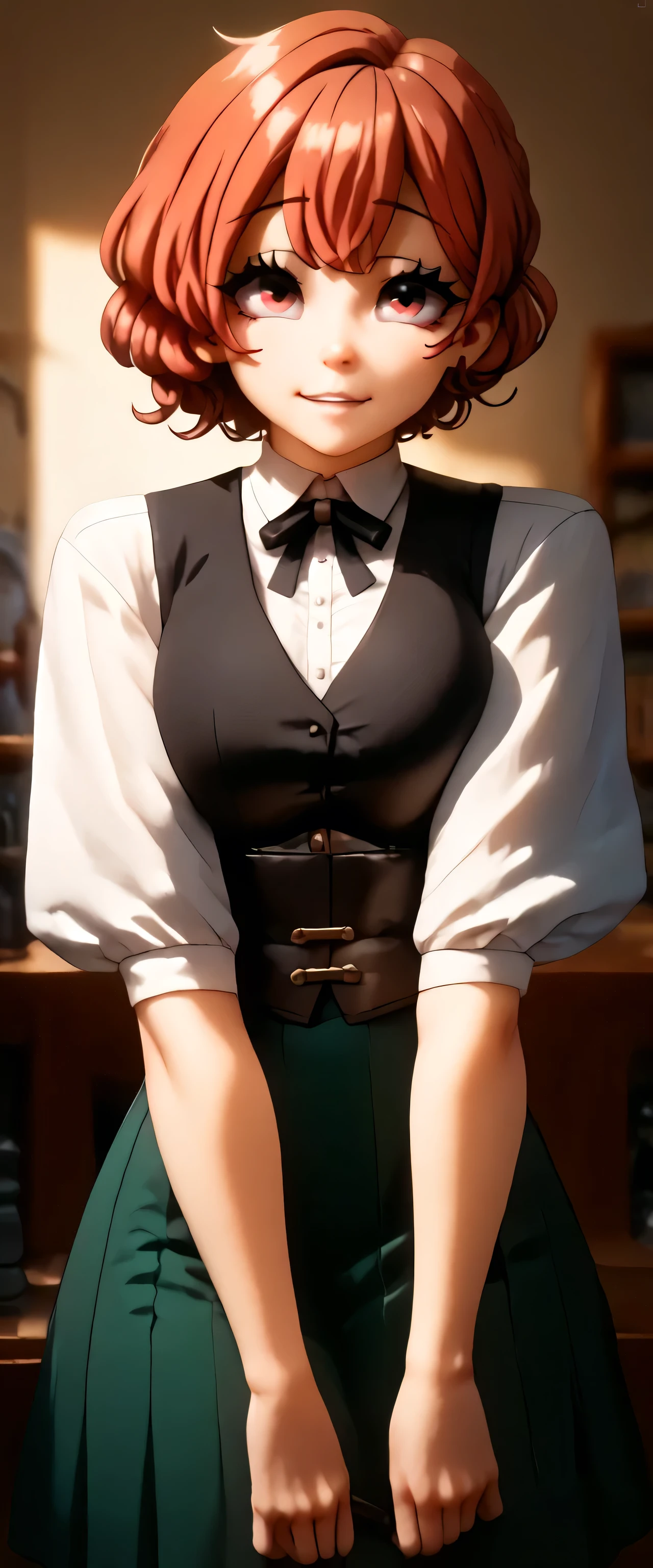 A tall sexy girl beautiful big breasted beautiful curly red hair wavy long laugh her light red eye wide black eyelash dresses white top cut under a vest black corset and short green skirt long brown boot