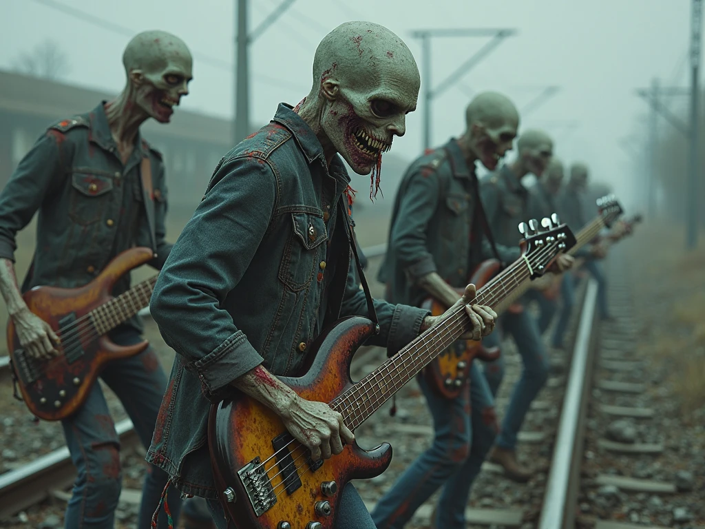 A rock band made up of realistic zombies , deep colour , On a stage where skulls are scattered