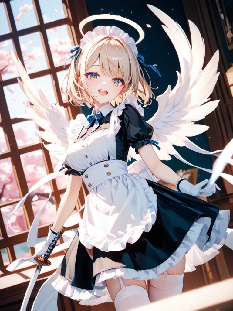 tmasterpiece, Best quality at best, Yuuri Saki Mika，The stands up，bedroom wake up call，1 five year old girl, silver bob short hair, Side hair is long and curly，Green-eyed, Maid skirt,White stockings，Three pairs of angel wings，angelic halo，ssmile，