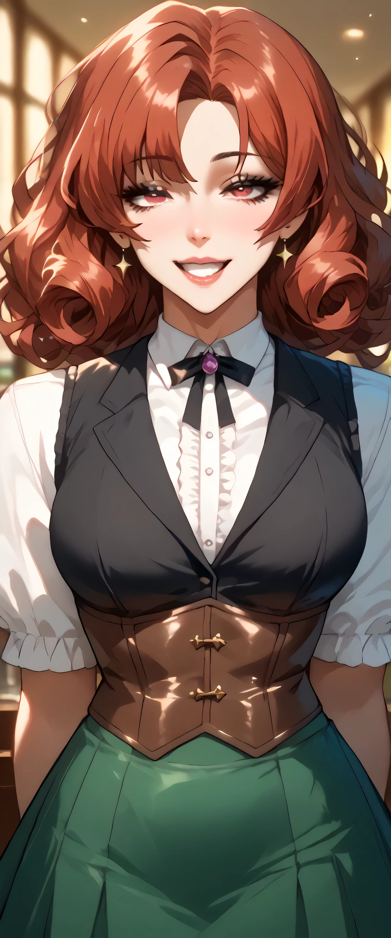 A tall sexy girl beautiful big breasted beautiful curly red hair wavy long laugh her light red eye wide black eyelash dresses white top cut under a vest black corset and short green skirt long brown boot
