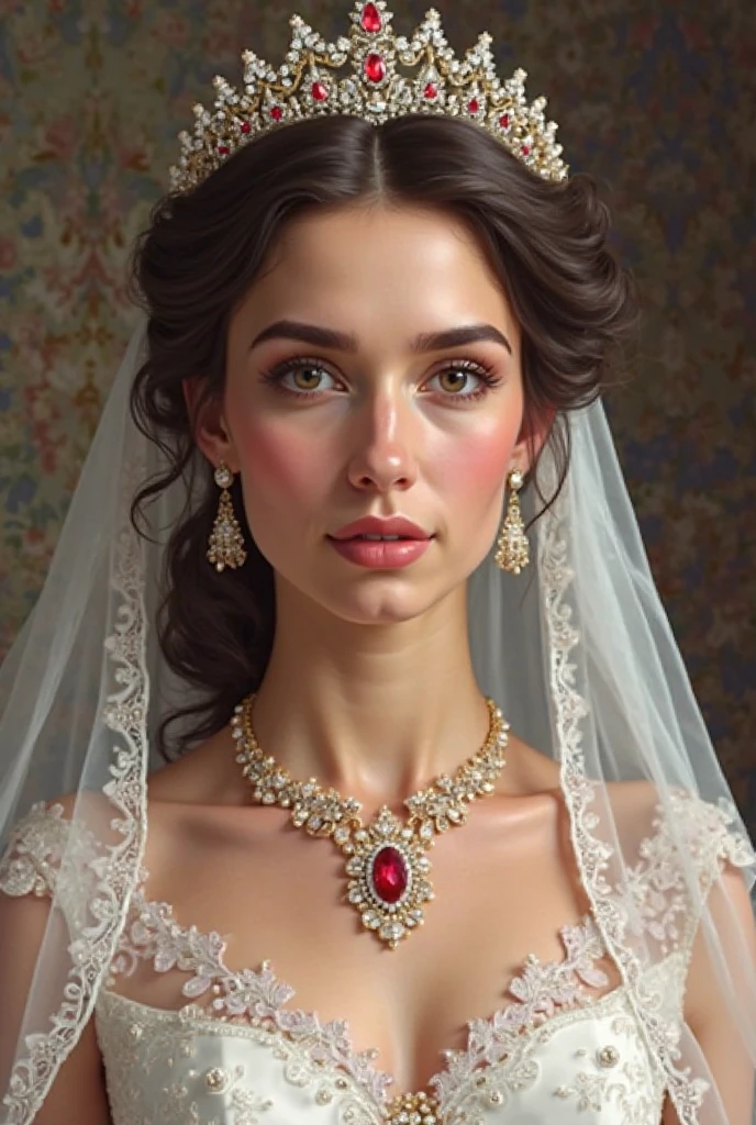 **: hyper realistic vivid detailed lifelike illustration of a full body young woman wearing a crown draped in jewels captivating, hypnotic eyes, and Adult queen with along gown and cape for ladies, Royal Victorian queen, Halloween Costume on white background**