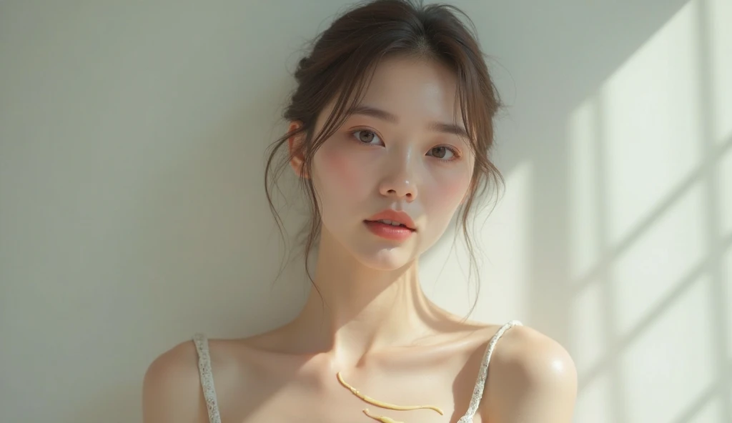 (best quality, masterpiece:1.2), photorealistic, ultra high res, front lighting, intricate detail, Exquisite details and textures, 1girl, (young), face highlight, upper body, detailed face, tear mole, white skin, silver hair, ponytail, braid hair, looking at viewer, big eyes, sun dress, slip dress, (hollow pattern, white, silk), earrings, small breasts, slim body, luxury room, royal palace, professional lighting, photon mapping, radiosity, physically-based rendering,