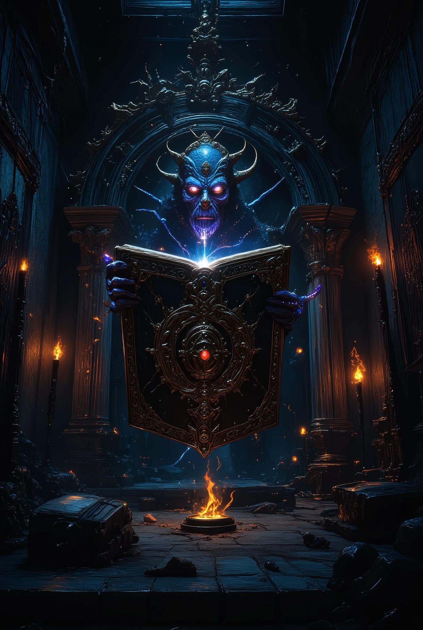 Glowing Magical Forbidden Book,in the hands of a fleeing wizard's apprentice in close-up, Surreal fantasy book, incredibly beautiful chameleon snake skin cover,golden pentograms encrusted with precious shining multicolored stones, gold overlays, parchment pages, neon light makes its way between the pages, carved lock, finish, scan, scuff effect,black as a basis, a digital illustration, against the background of a dark stone corridor, torches burning on the walls, coats of arms on the walls, heraldry, gloomy portraits with burning eyes, flickering lights, dramatic shadows, water running down the walls, cobwebs, worn stone steps underfoot, lots of details, magical surroundings combined with anxiety, danger and magic, contrast of darkness and magical neon light, sparks and stars in pitch darkness, dynamic scene,contrasting digital painting, fine detail surreal background and person , high quality, illustrations of modern art, surreal dark art , , Beautiful art, stunning art, high detail, high quality, highly detailed, textured skin