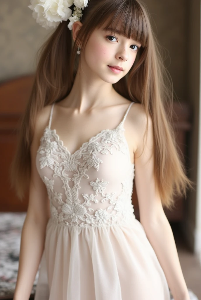 Slavic cute beautiful girl, 18 y.o., model, pale skin, long hair, realistic HD RAW photo, 8K, nu photo, stand on balcony, in small transparent dress glasses, 2nd breasts size