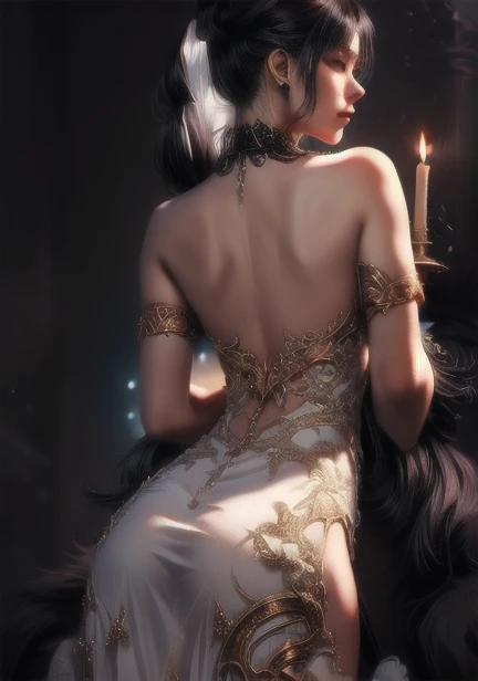 Una imagen en estilo art nouveau. A woman dances in a dark room lit by several candles, Su sombra reflejada en la pared tiene la forma de un demonio..