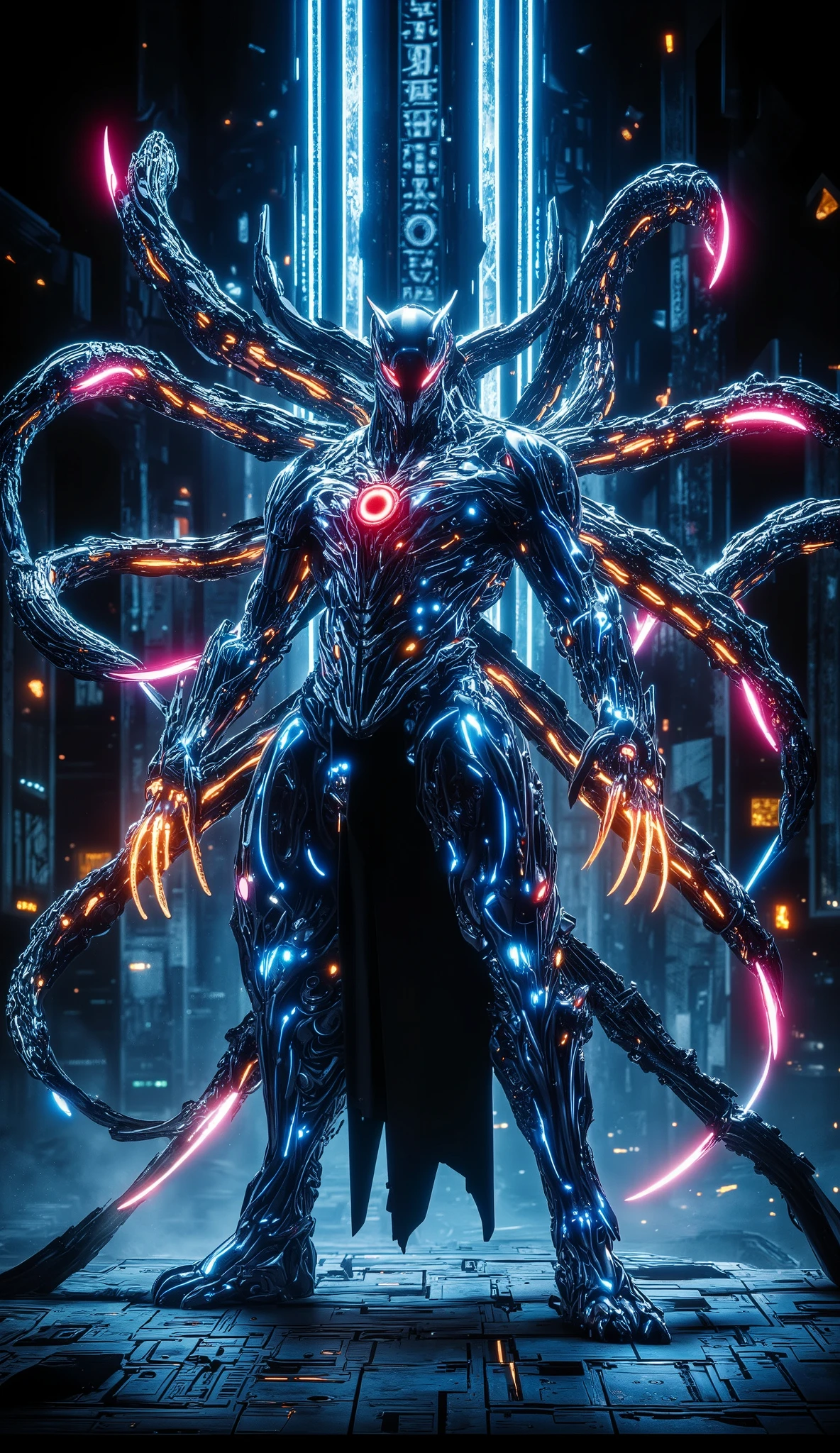 "A futuristic, biomechanical humanoid figure with an imposing presence, standing in a dark, high-tech environment illuminated by beams of cold blue light. The figure's body is sleek and metallic, resembling a fusion of advanced technology and organic life, with intricate armor-like plating that glows with neon orange and blue lights. Multiple serpentine appendages extend from its back, pulsating with energy, some ending in sharp, claw-like tips while others form snake-like heads with glowing red and pink eyes. The figure's face is hidden behind an intricate metallic helmet with a single glowing red eye at its center, exuding an aura of power and mystery. The background consists of a futuristic, cybernetic cityscape with towering, illuminated structures reflecting the character's ominous glow. The atmosphere is dark and cinematic, with light rays cutting through the scene, emphasizing the character’s dominant and otherworldly presence."