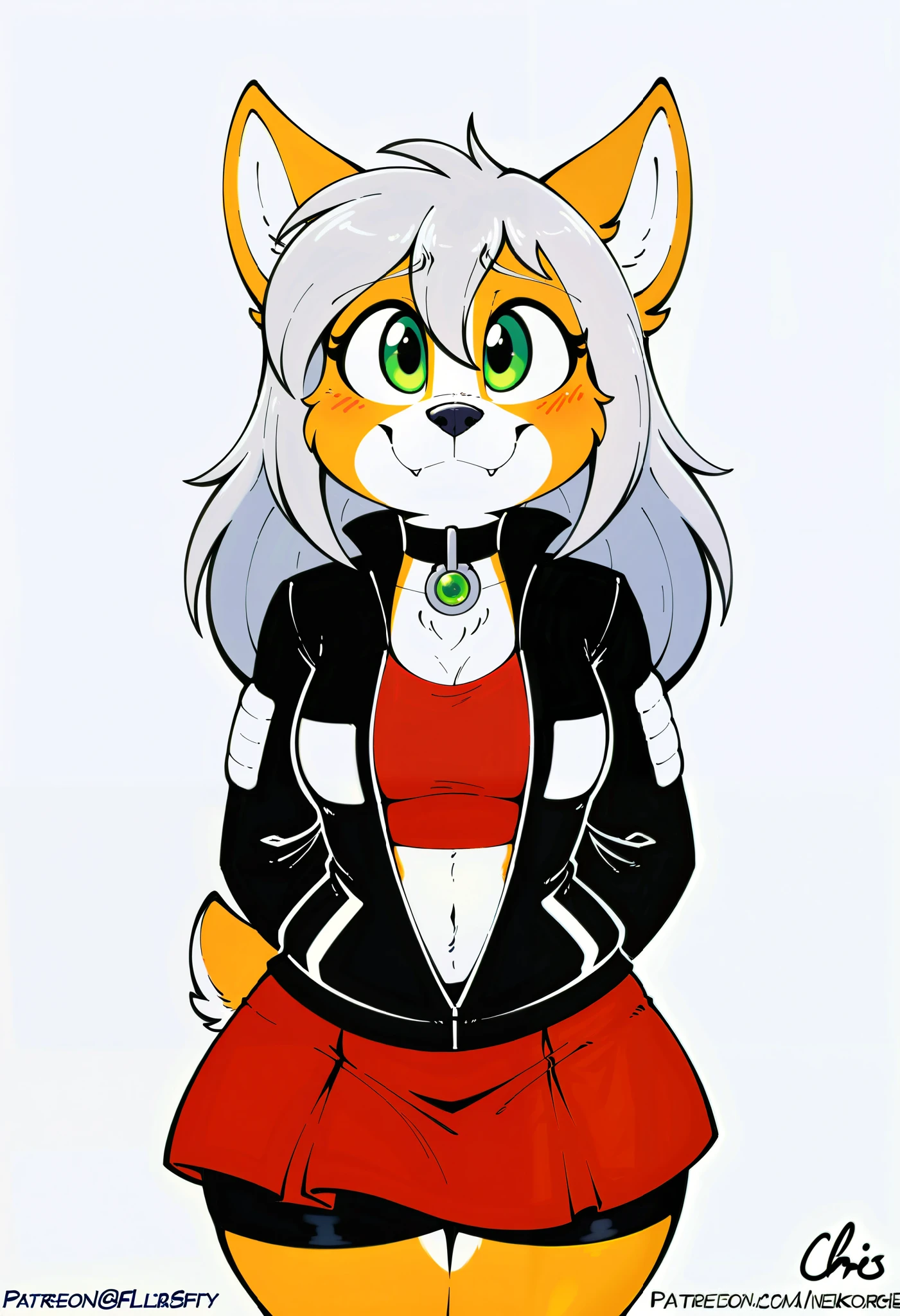 (adult, sketch-ish, 2d, absurdres, best quality, uploaded on e621), (by uc77, by zeekzag, (by sssonic2:0.7), by skidd, by john joseco, by kadath, by bigdad, by shonuff, by scappo), ((white background, no background:1.4)), (waist portrait, manga styled, manga styled eyes, intense pupils, getter robo styled eyes), ((solo, female, anthro welsh corgi), (brown body), (curly hair, medium-long hair, silver hair), (shy, nervous, shy and nervous expression, shy eyes, green eyes, expressive eyes, puppy dog eyes:1.1), (visible cute fangs, closed smile), (jacket and cute top), (((skousers pants, skirt worn over trousers, british clothing | not-so-revealing magic compressed bodysuit))), (beautiful, adorable, cute short corgi tail), (collar with green gem), [noticeable breasts], ((black eyebrows)), 4 fingers and one thumb on both hands, (hands clasped behind back:1.2)