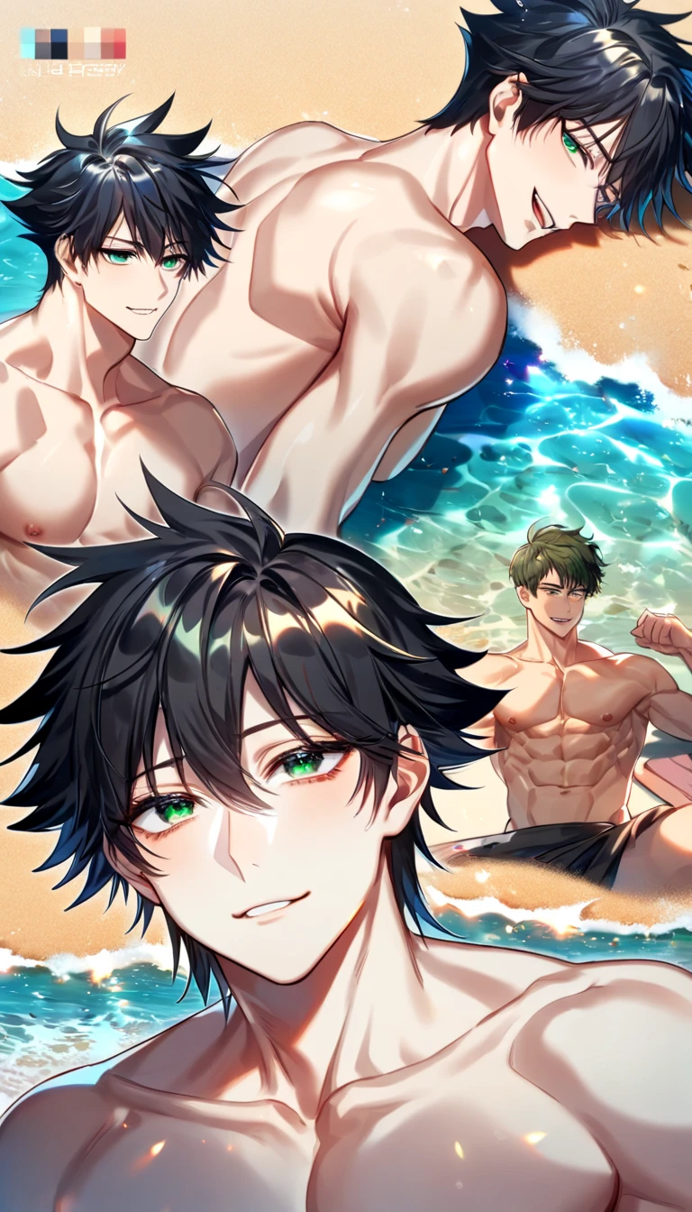 tenjou yuuya, Enfoque masculino, solamente, brown hair, brown eyes, Hermosa cara detallada, hermosos ojos detallados, negro((men costume swimwaear)), sol, junto a la piscina, Swimwear,