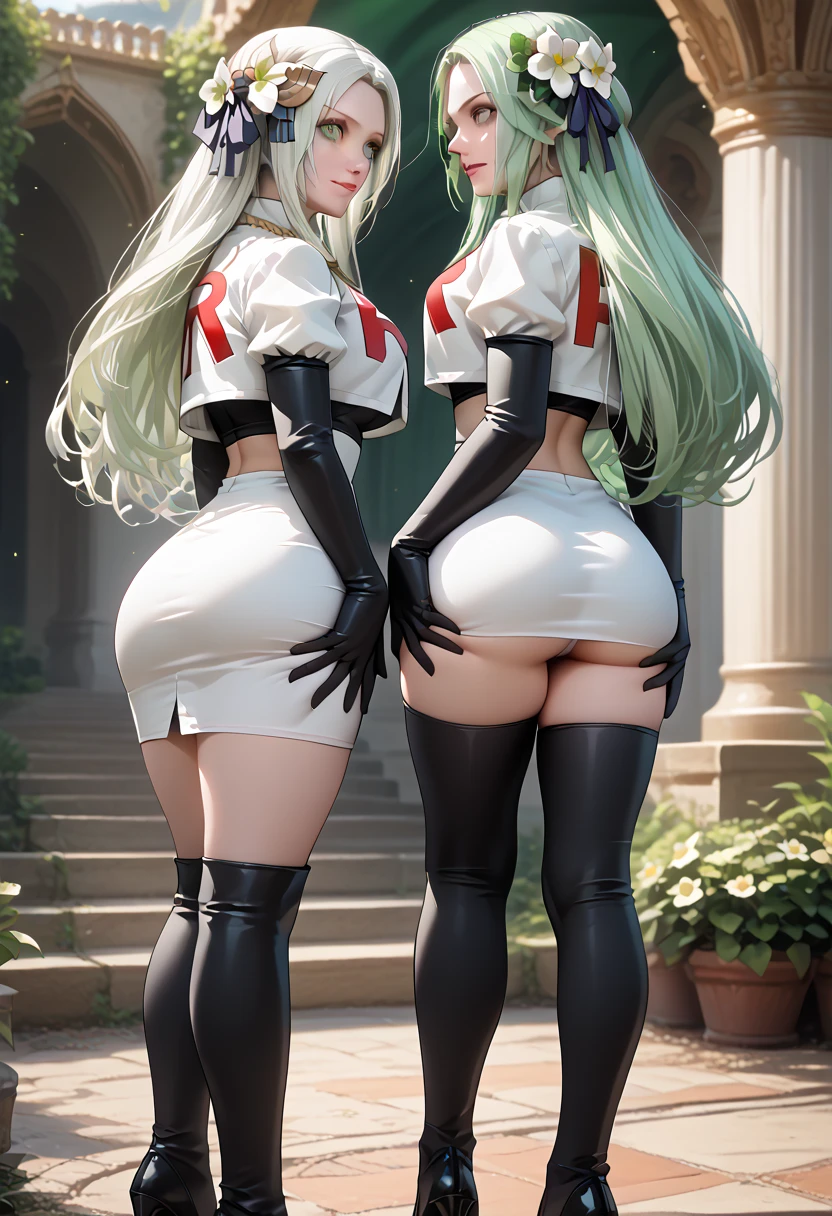 Big butt, naked, dirty white hair, long hair, moles, chubby, thick thighs, nude, no clothes, from behind, multiple girls in frame, two people, small, short, squatting