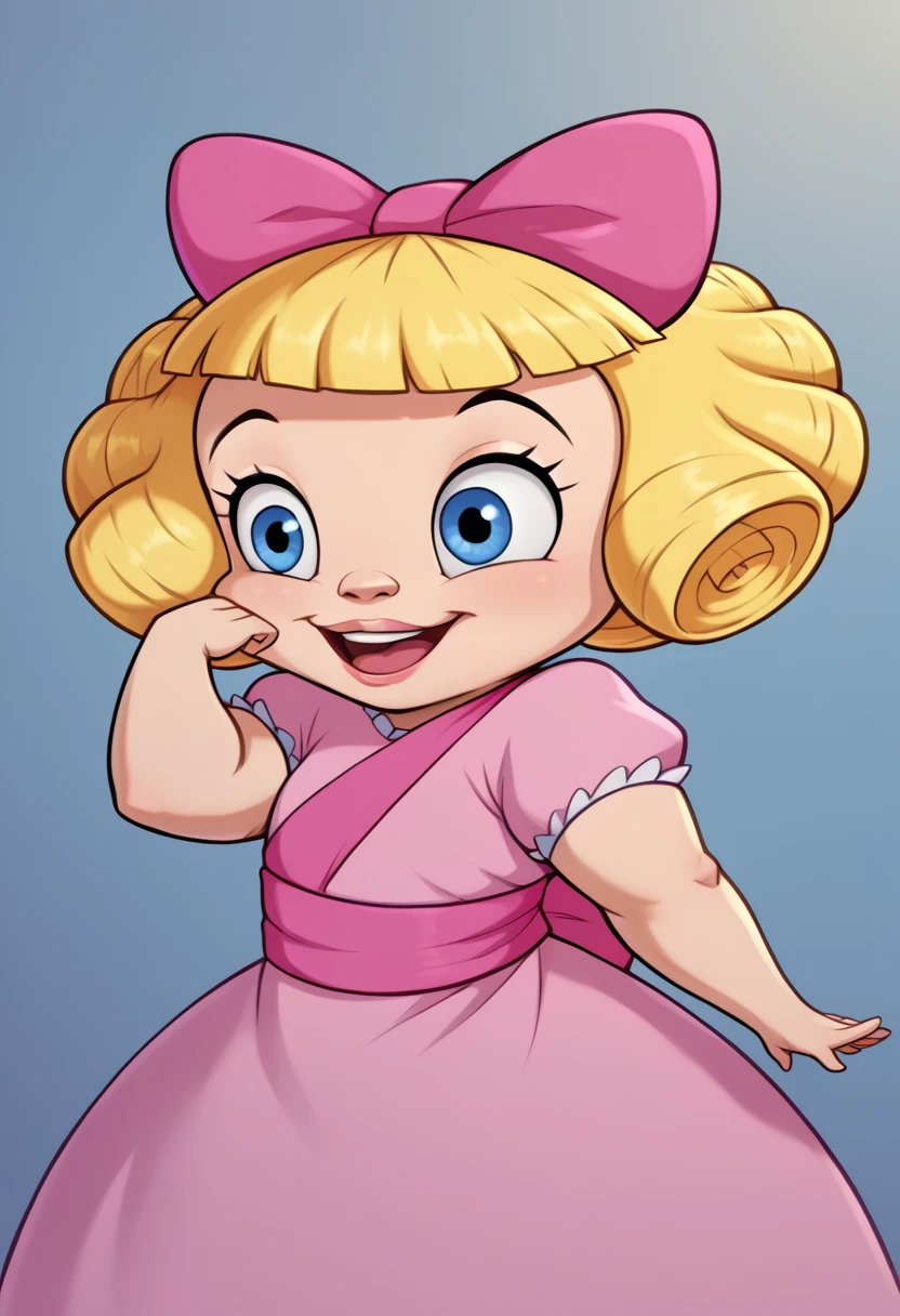 Darla Dimple, 1girl, blonde hair, blonde ringlets, blunt bangs, blue eyes, pink dress, short sleeves, puffy sleeves, white socks, pink shoes, pink hair bow, pink sash, perfect anatomy, solo, (insanely detailed, beautiful detailed face, masterpiece, best quality), (sharp), score_9, score_8_up, score_7_up, score_6_up, highest quality, 8K, RAW photo, source_anime, perfect face, perfect hands, vibrant colors, upper body