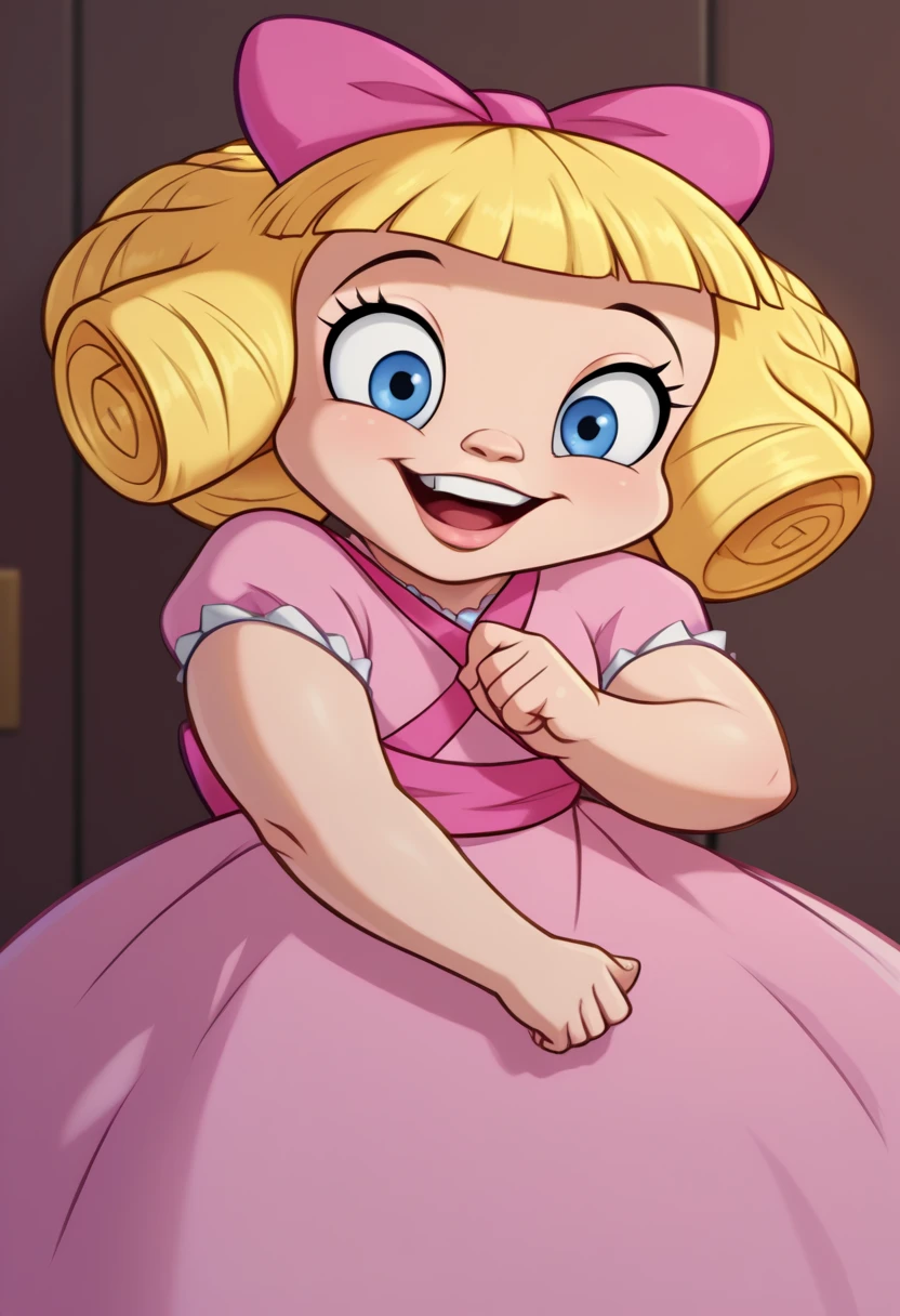 Darla Dimple, 1girl, blonde hair, blonde ringlets, blunt bangs, blue eyes, pink dress, short sleeves, puffy sleeves, white socks, pink shoes, pink hair bow, pink sash, perfect anatomy, solo, (insanely detailed, beautiful detailed face, masterpiece, best quality), (sharp), score_9, score_8_up, score_7_up, score_6_up, highest quality, 8K, RAW photo, source_anime, perfect face, perfect hands, vibrant colors, upper body