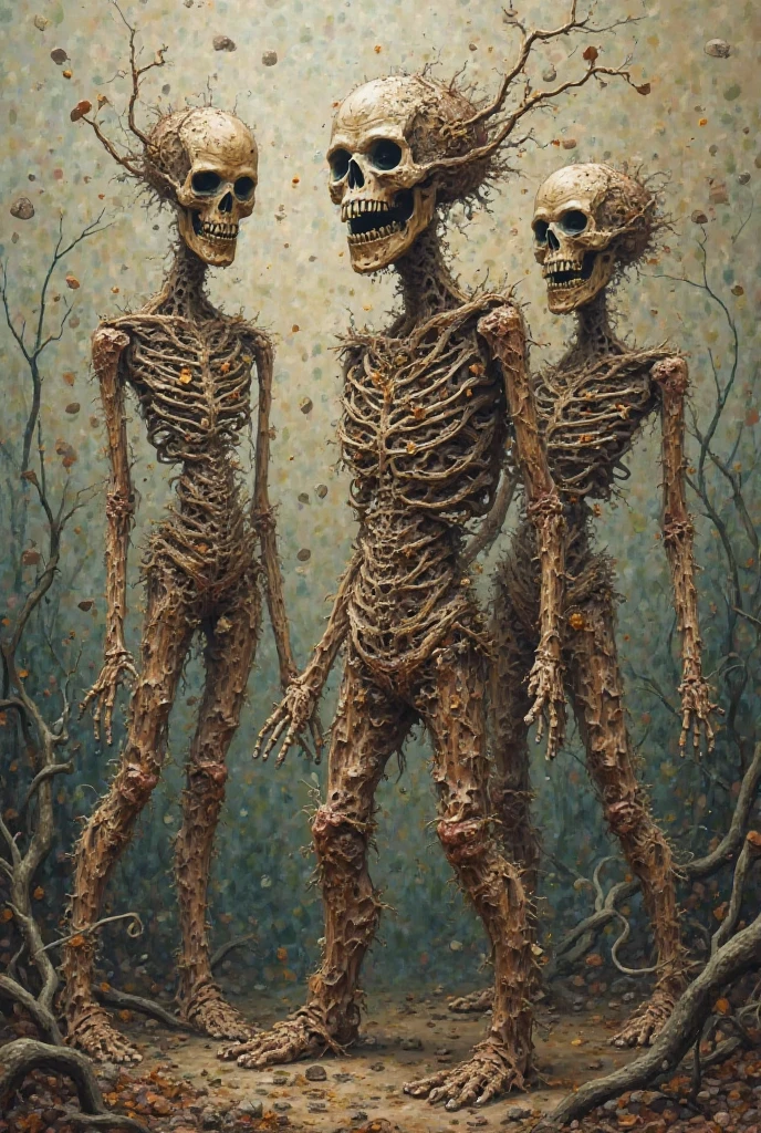 several skeletons rising, restoring themselves, coming back to life, windy, realistic, night time,