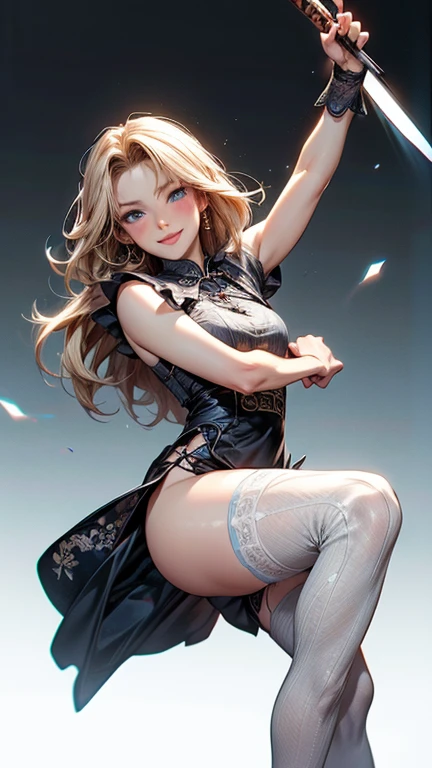 female, blonde flowing hair with green highlights, green eyes, (((1girl))), (((light blue minidress with white trim))), (pink denim cropped jacket), (white thigh high socks), (black boots), cute and sexy, full body, large breasts, cleavage, large butt, long legs, smiling
