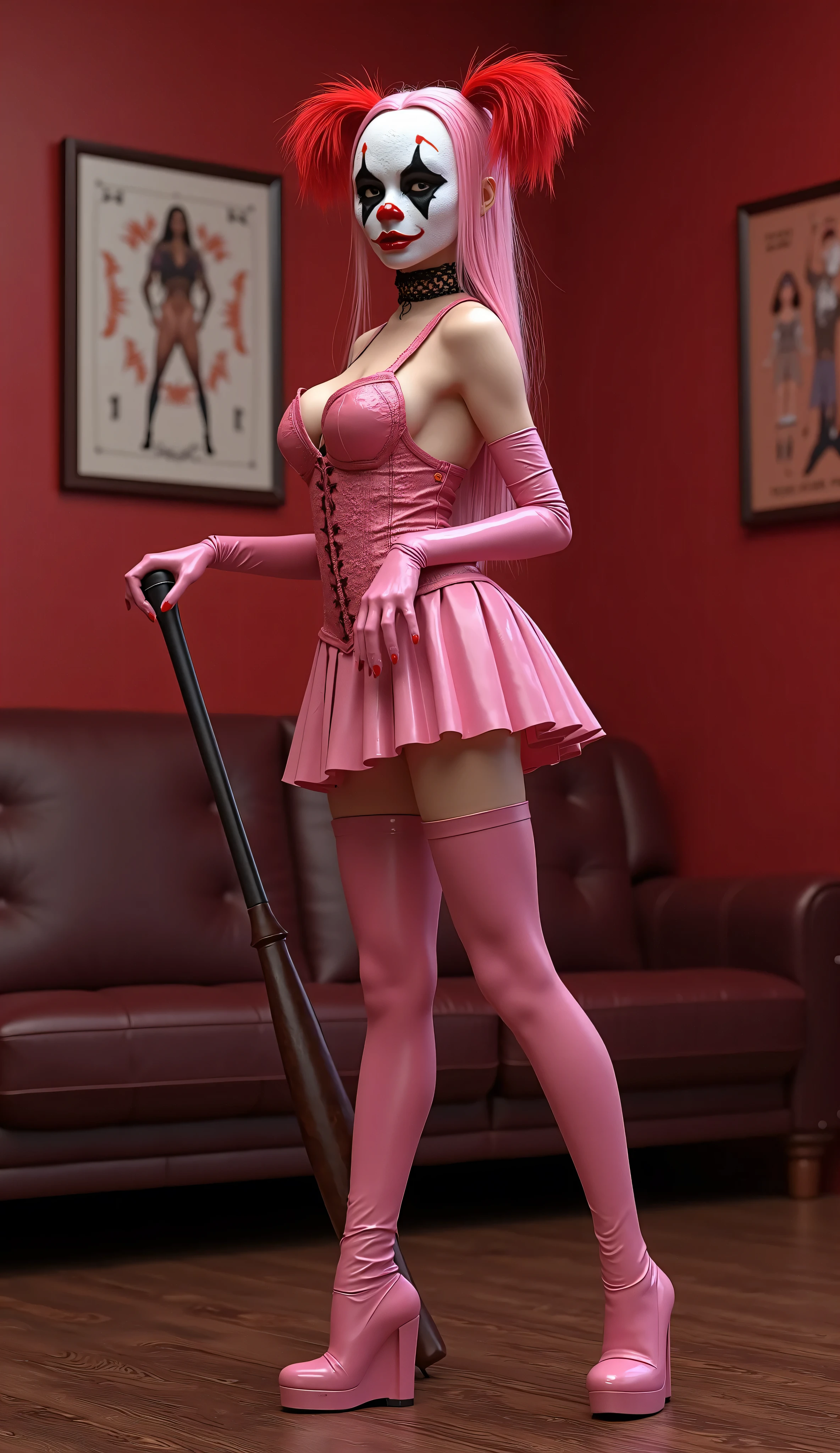 side view, breasts focus, full body shot, (score_9, score_8_up, score_7_up), high detailed 3d realism, UHD, woman, clean eyes, perfect face, slim, (long skinny legs:1.3), pink hair, Latex Pink Pleated Skirt , straight long hair , small breasts, anatomically correct , UHD, super detailed, Latex pink overknees, latex pink arm warmers long , latex pink underbust corset, (high heels platform high boots:1.3), View creator, Standing, spread legs, ( black and red latex clown mask:1.5), hold baseball bat , , natural color, vibrant color, (bdsm red room :1.5), red color wallpaper, leather sofa, (kama-sutra pictures on wall:1.2), slave choker