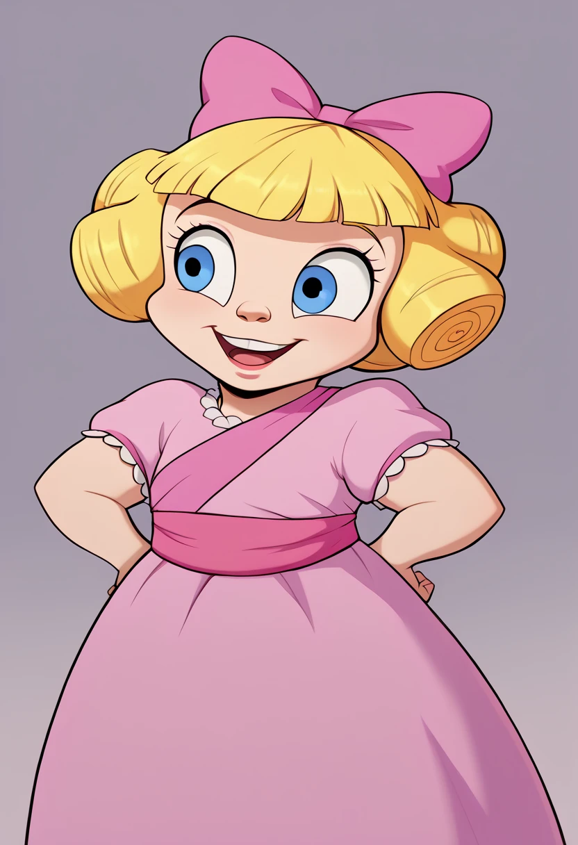 Darla Dimple, 1girl, blonde hair, blonde ringlets, blunt bangs, blue eyes, pink dress, short sleeves, puffy sleeves, white socks, pink shoes, pink hair bow, pink sash, perfect anatomy, solo, (insanely detailed, beautiful detailed face, masterpiece, best quality), (sharp), score_9, score_8_up, score_7_up, score_6_up, highest quality, 8K, RAW photo, source_anime, perfect face, perfect hands, vibrant colors, upper body