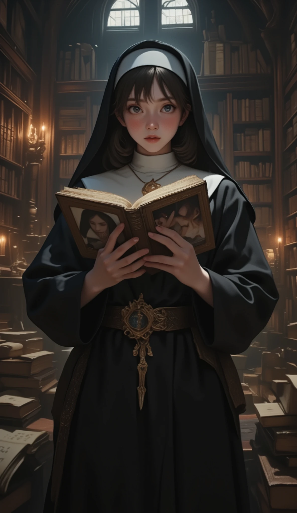 The movie "The Name of the Rose", Sydney Sweeney, a medieval monastery, a sexy busty young nun picking up a large, With a flashy cover forbidden her own erotic photo book in the forbidden library, trembling, a terrified expression, a dimly lit room with candlelight, a secret door,