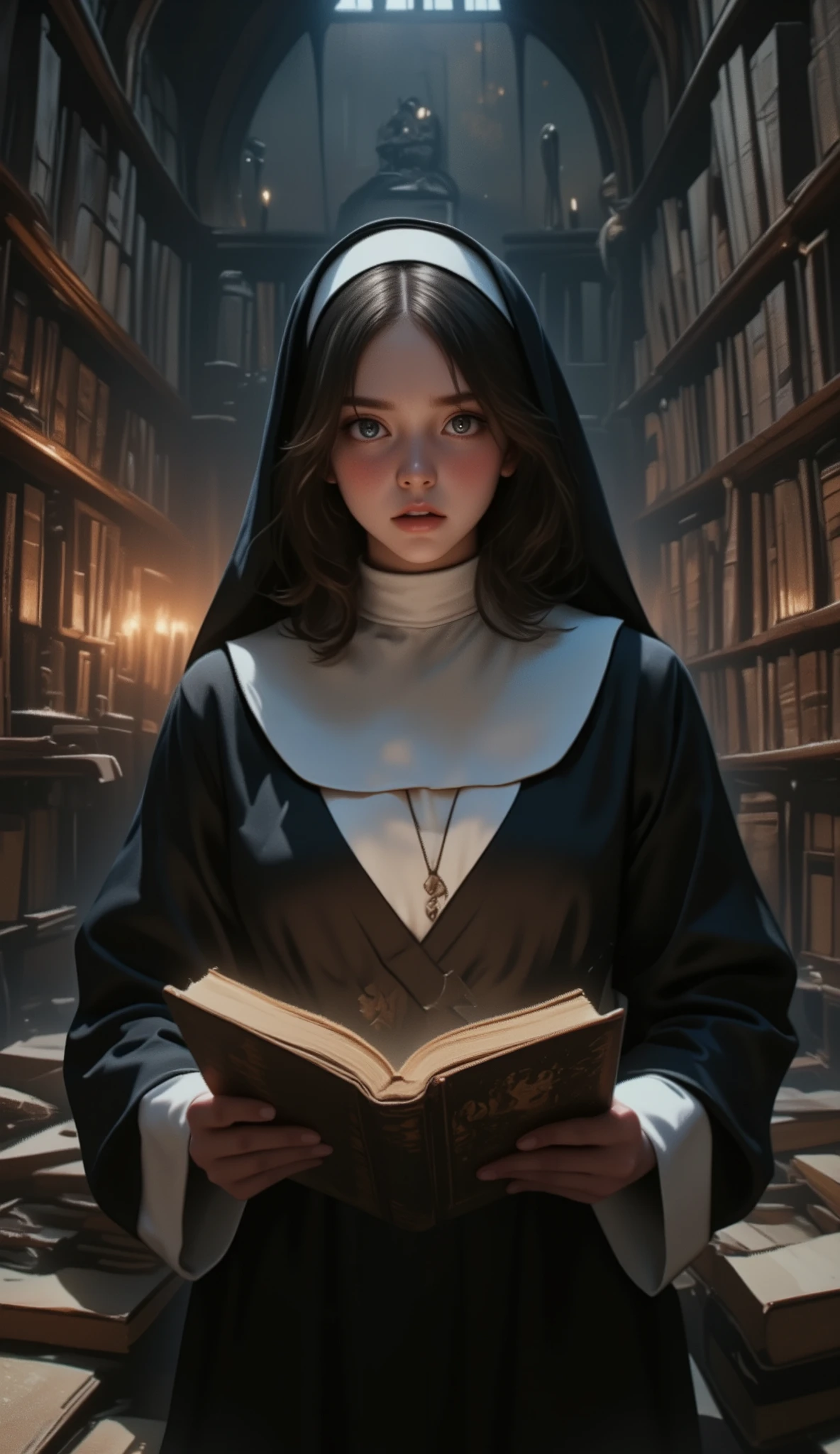 The movie "The Name of the Rose", Sydney Sweeney, a medieval monastery, a sexy busty young nun picking up a large, With a flashy cover forbidden her own erotic photo book in the forbidden library, trembling, a terrified expression, a dimly lit room with candlelight, a secret door,