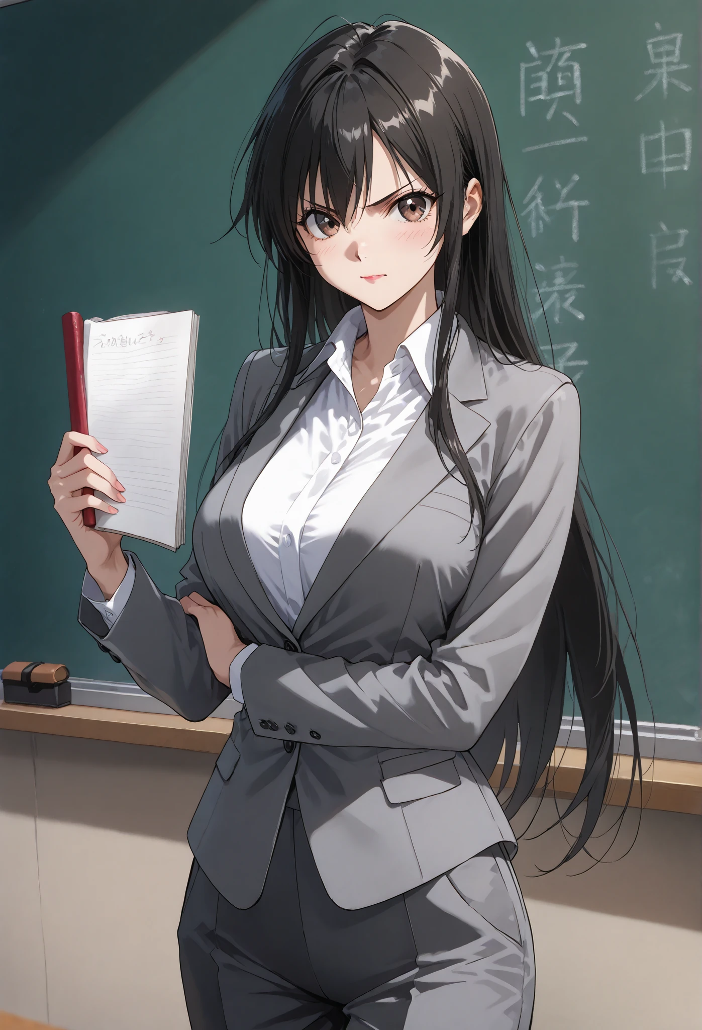 business suit、Licensed、teacher、classroom、Grey Jacket、blouse、Age 31、black business pants、Long Straight Hair、Standing at the podium、学校のclassroom 、 (long black hair)、lipstick、 standing、holding a textbook with one hand in the missionary position、Write on a blackboard with chalk、beautiful 、、medium breasts、、masterpiece、best quality, , Kind Face, 、 scowl the person、 Motion Lines, speedline 、smile