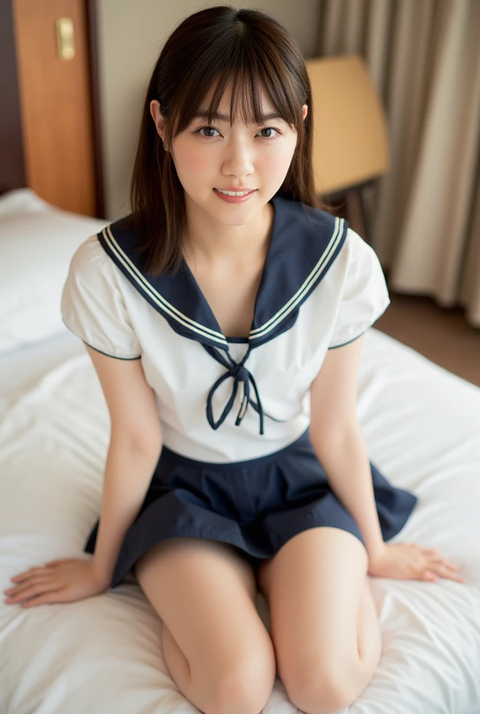 Highest quality,masterpiece:1.3,Ultra-high resolution),(Ultra high definition、Caustics) (Photorealistic:1.4、RAW shooting、)Ultra-realistic capture、Very detailed、Natural skin texture、masterpiece、(Junior high school sailor uniform:1.3)、One Japanese girl、Adorable expression、Happy expression、14 years old、Young face、Amazingly cute、Twin tails、Curly Hair、Black Hair、Scrunchie、Thinning、Medium breast、Junior high school classroom、Shining thighs、Summer sunshine、smile、An inviting gaze、Cowboy Shot