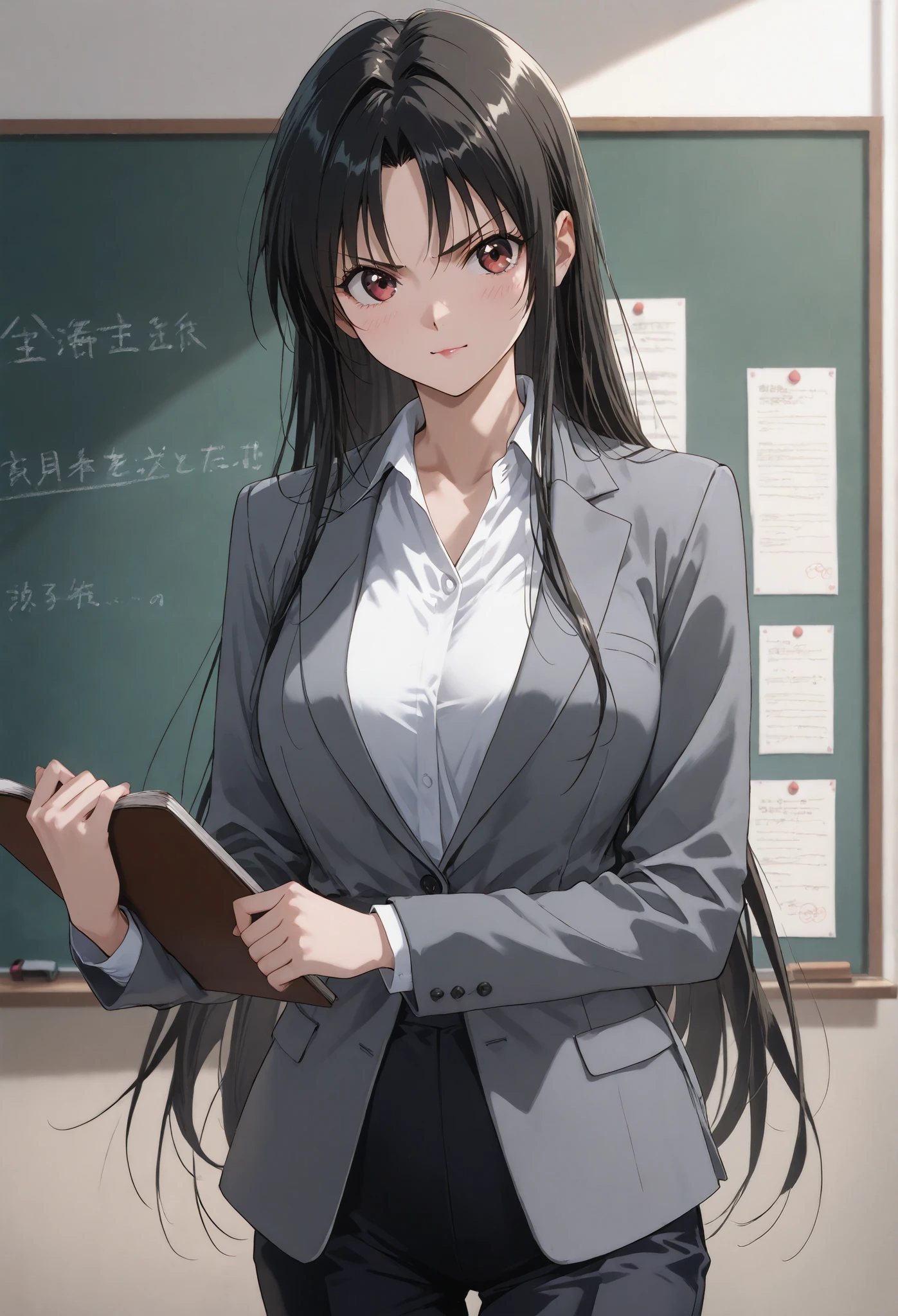  business suit、Licensed、teacher、classroom、Grey Jacket、blouse、Age 31、black business pants、Long Straight Hair、Standing at the podium、学校のclassroom 、  (long black hair)、lipstick、  standing、holding a textbook with one hand in the missionary position、Write on a blackboard with chalk、beautiful 、、medium breasts、、masterpiece、best quality, , Kind Face,  、    scowl the person、    Motion Lines,   speedline 、smile