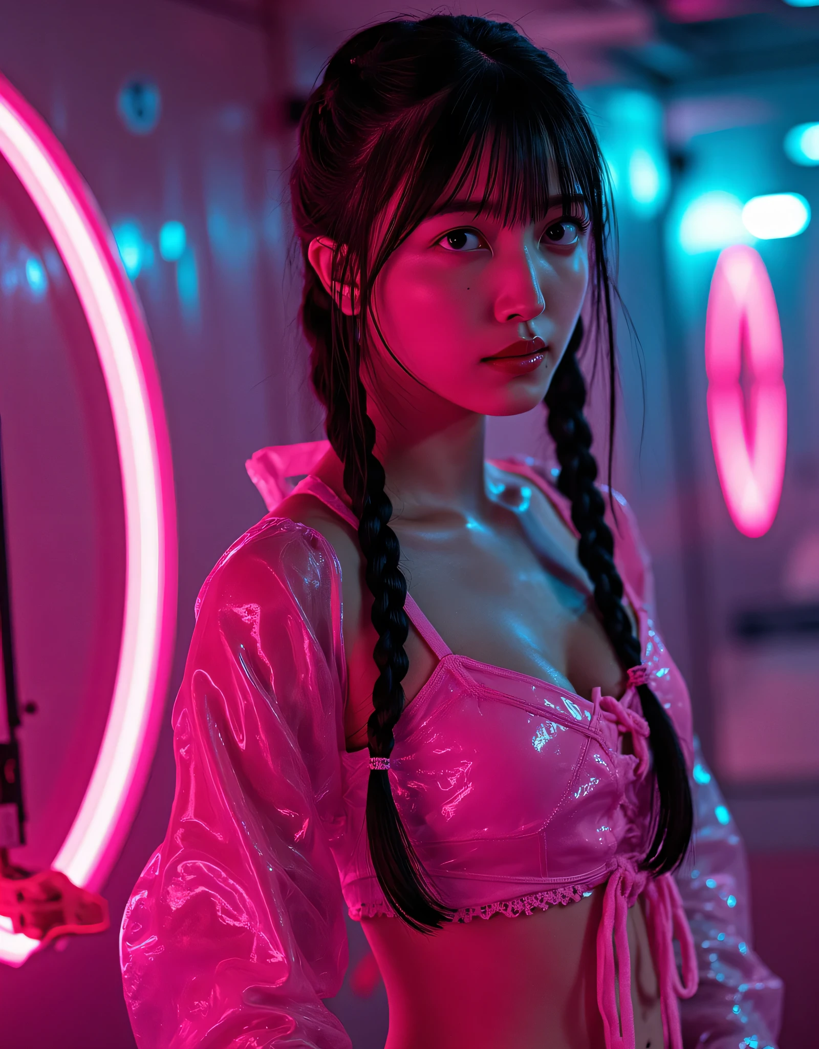 (((The pitch-dark interior of the Nostromo ship:2.0))),((( HR Gigger style cyberpunk atmosphere :2.0))),(((Fight with a cyberpunk-style Japanese sword:2.0))), combat posture,((full body:2.0)),One Woman,Female Samurai ,(Cute Face:1.5),(Beautiful well-balanced face ),((Long braids with bangs:2.0)),( black hair:1.5),(beautiful eyes:1.3),( Blue Glowing Eyes :1.5),a glamorous shot of a 20-year-old Japanese woman, Slender Beautiful Body ,((model body type:2.0)),(( slim body with hot water:1.7)),perfect body line,ideal proportions,((bigger breasts in bikinis:2.0)),((F cup chest wearing:1.5)),Big Breasts,Bare thighs,sensual thighs seen from below the crowd,delicate body,( Muscular:1.7),A harmonious posture,((Realistic breast depiction :1.7)),carefully depicting limbs based on perfect anatomy,((translucent glass leotard that shines pink in the style of a near-future samurai armor:1.5)),Filled with multicolored LEDs,((super high-leg leotard made of camy-like clear glass that fits the body:1.5)),(((a samurai armor-like pink translucent military coat with an open front over the leotard:2.0))),(((translucent pink military coat style kimono with steel armour on the armor:2.0))),(Steel armour on the shoulders :1.5),((Coat style kimono with iron decoration:2.0)),(ear monitor:1.5),((Tactical Holster:1.5)),(gloves:1.3),Concept Art,(top quality:1.5),(masterpiece:1.5),(Ultra-high resolution),resolution,UHD,(Delicate Description), carefully drawn with butterfly wings ,32K,((realistic skin texture:1.5)),((( super realistic :1.5))),carefully draw eyelashes,Highly Detailed Faces,Highly detailed female hand, Sexy appearance ,very sensual,(Blurry Dim Backgrounds :1.5),professional photo shoot,(movie light:2.0),((Blade Runner-style lighting:2.0))